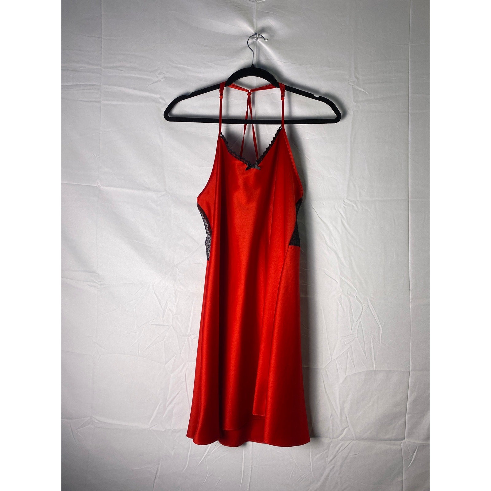 Red Mini High Neck Sexy Back Slip Dress w/ Floral Black Lace Women's Size Large