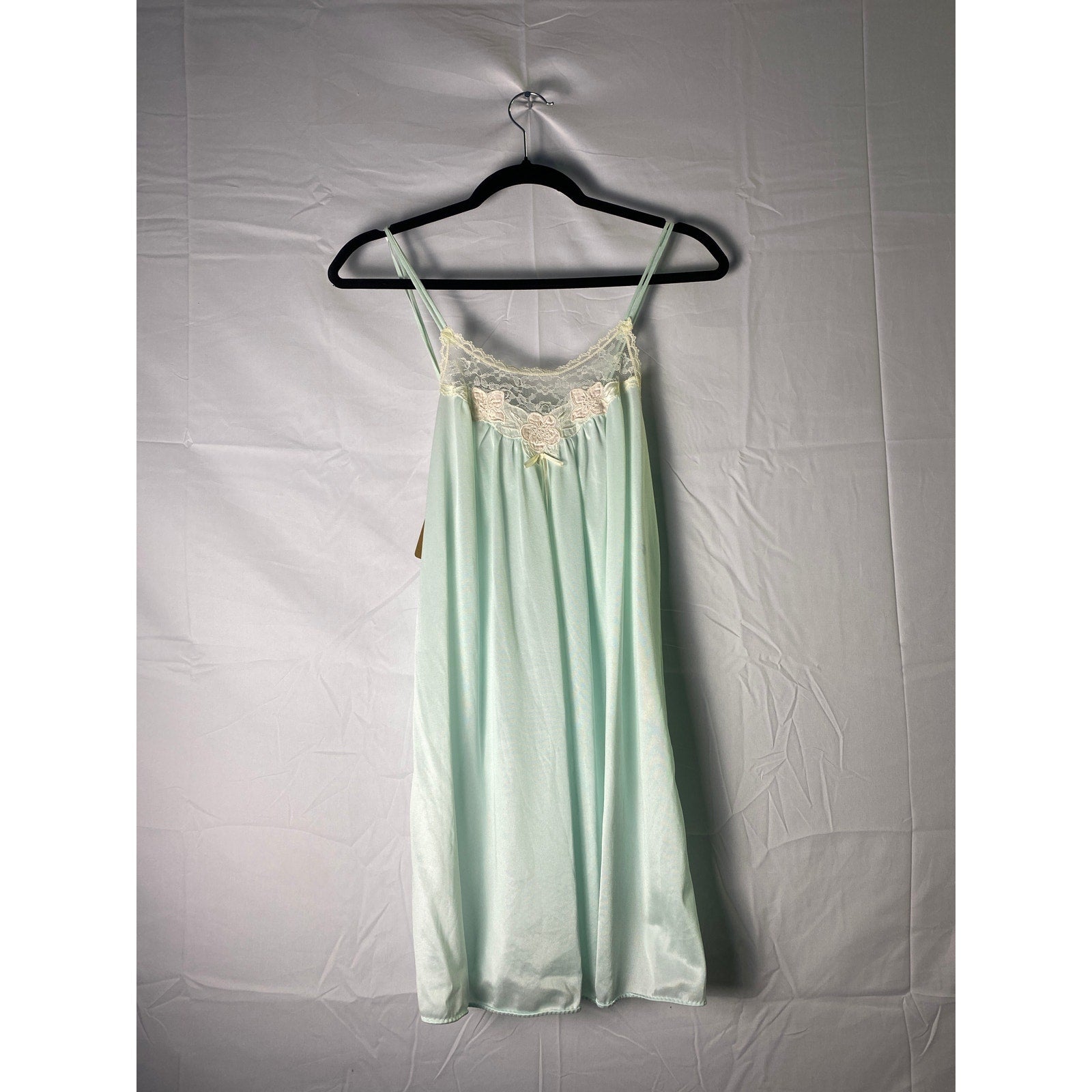 Vintage Blue White Floral Lace Silk Midi Slip Dress Nightdress Womens Size Small