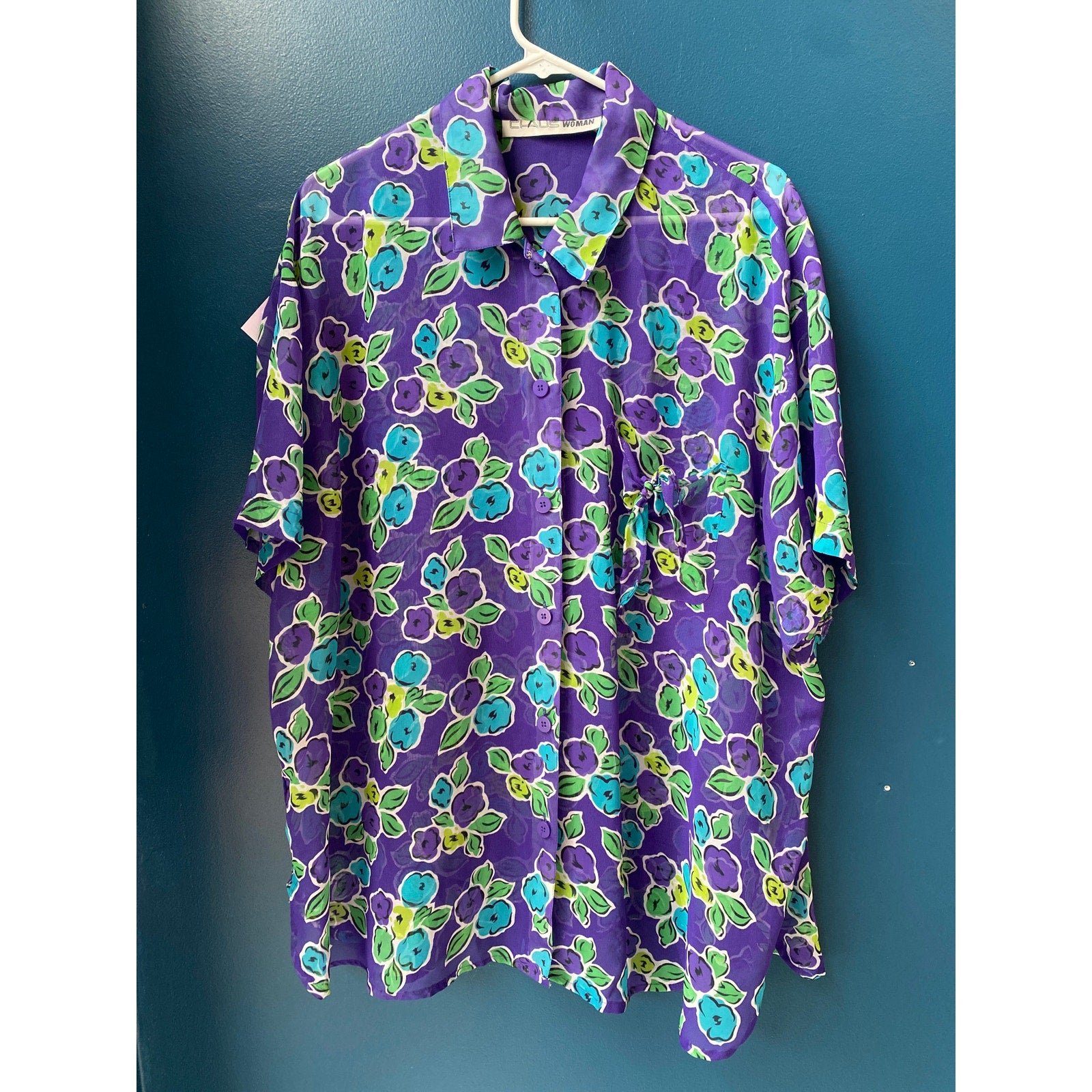Vintage 80s Chaus Blue Purple Green Floral Chiffon Button Up Blouse Plus 18W