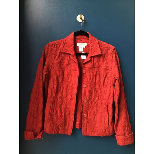 Coldwater Creek Jacket Red Cream Tapestry Floral Textured Women's Size Petite XS