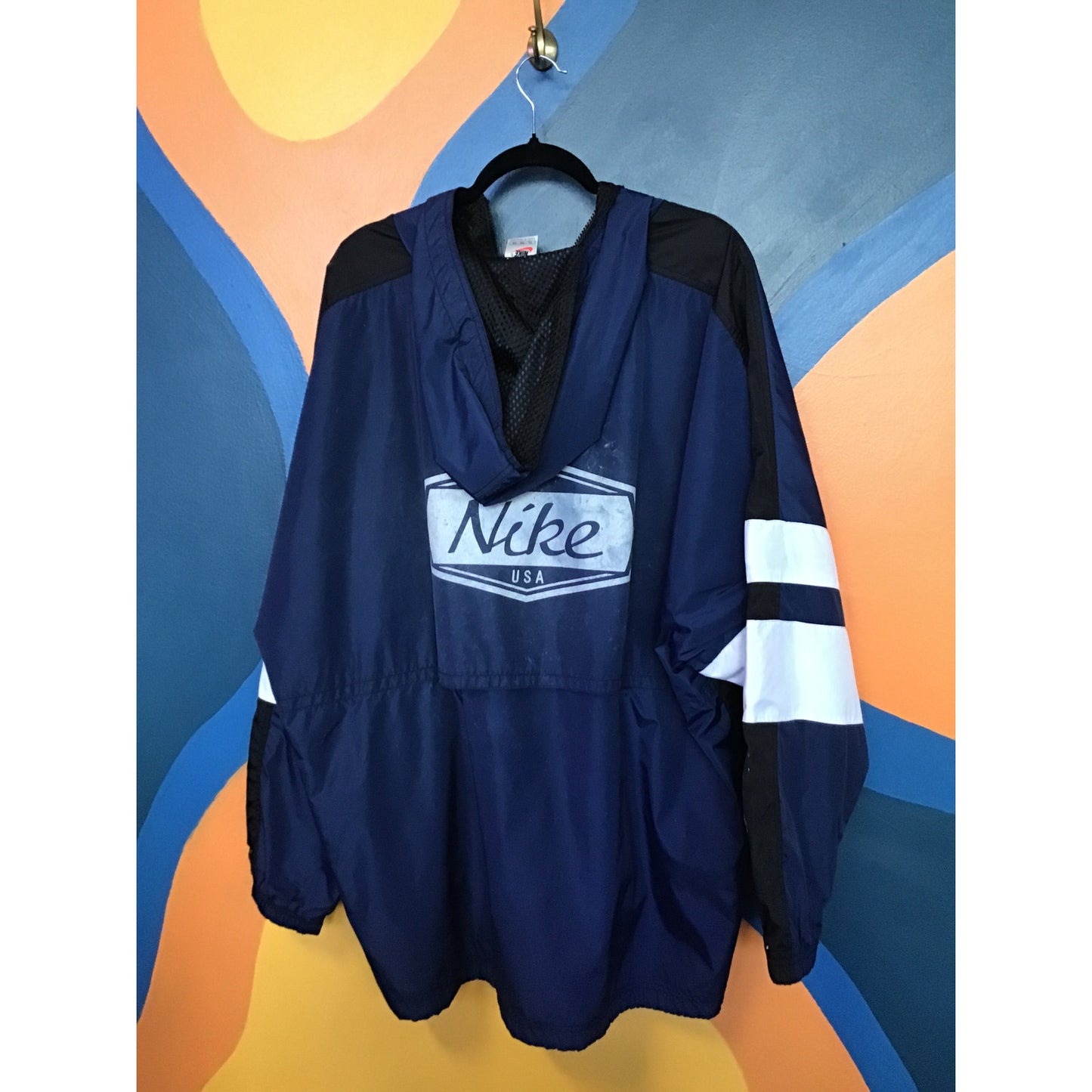 90s NIKE Jacket Football USA Soccer Hooded Coat Windbreaker Blue Full Zip XL