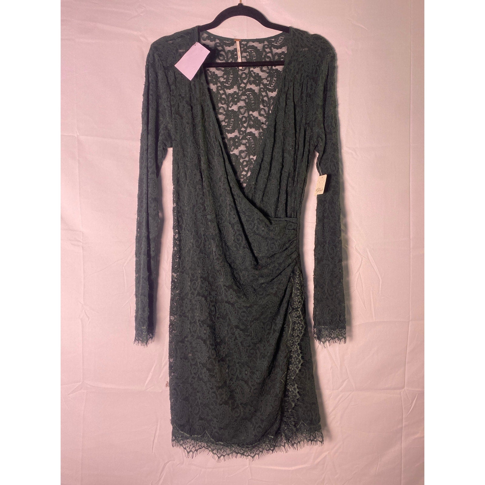 Free People Deep Green Stretch Lace Spruce Beaded Mini Short Dress Size Medium