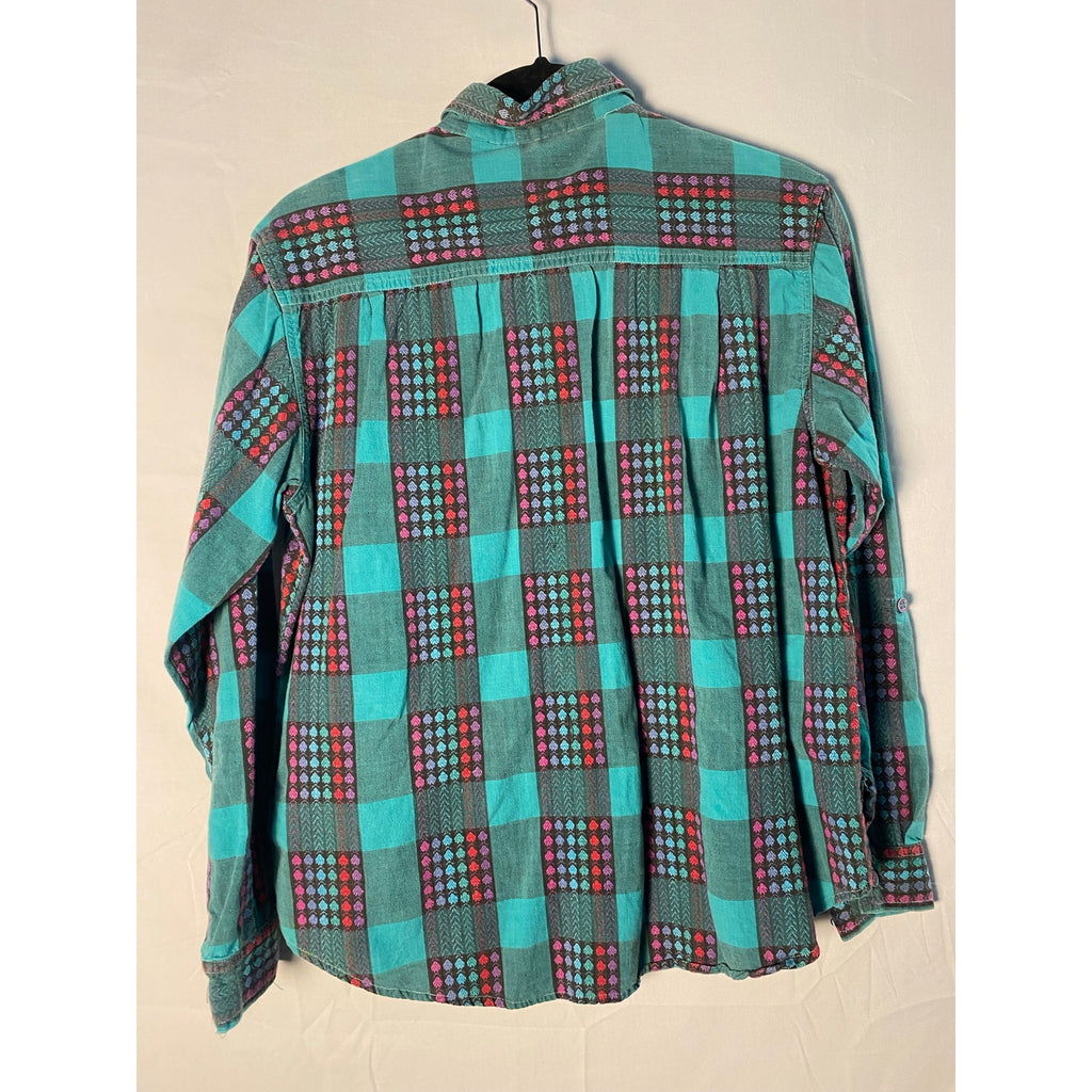Vintage 80s Jeanswear Green Geometric Flannel Western Shirt Button Up Medium