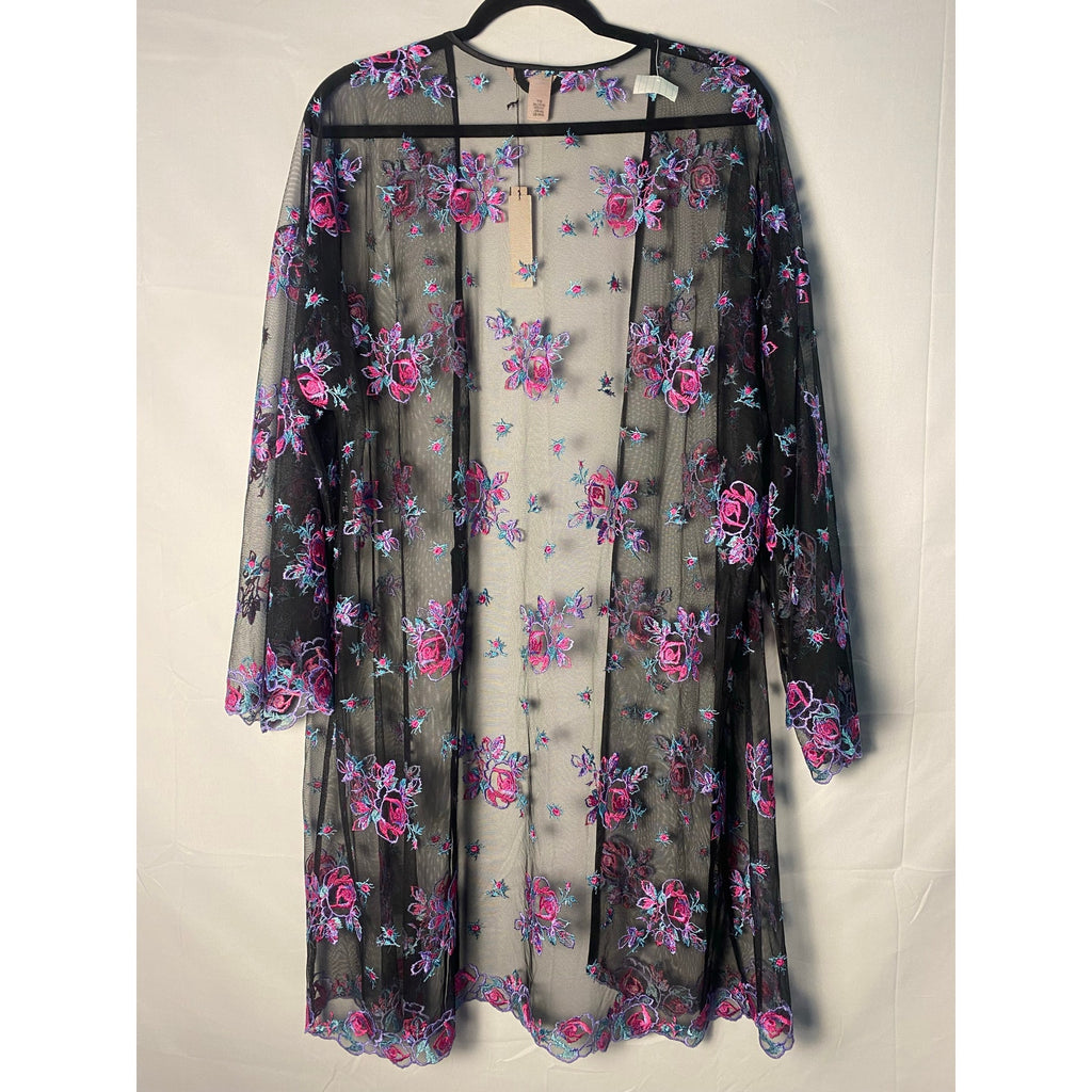 Victoria's Secret Floral Embroidered Black Mesh Kimono Robe Women's Medium