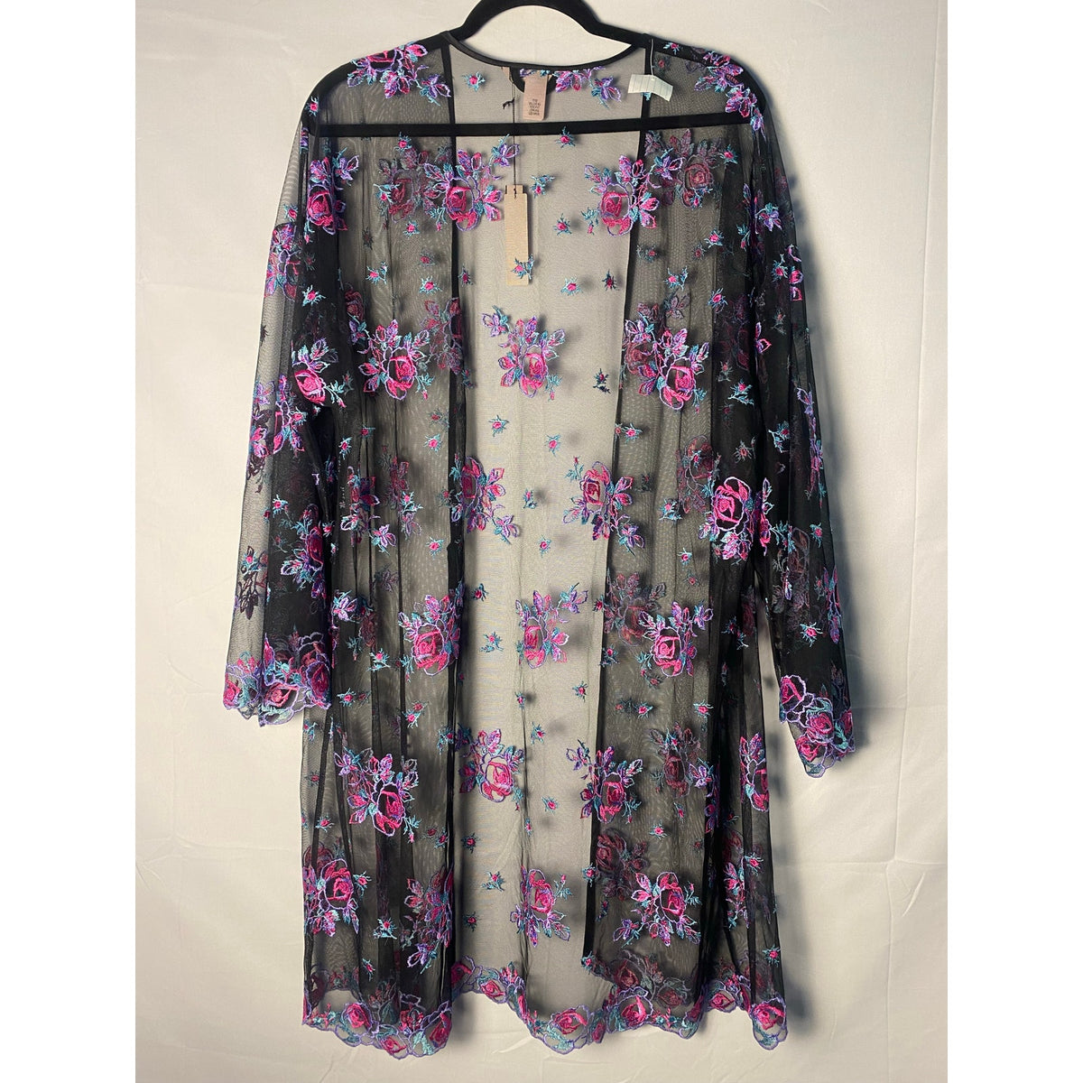 Victoria's Secret Floral Embroidered Black Mesh Kimono Robe Women's Medium