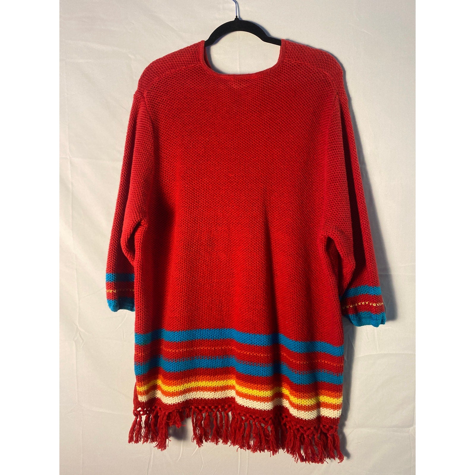 Vintage Fiorlini International Red Knit Poncho Sweater Multicolor Stripe Fringed Hem Size XL