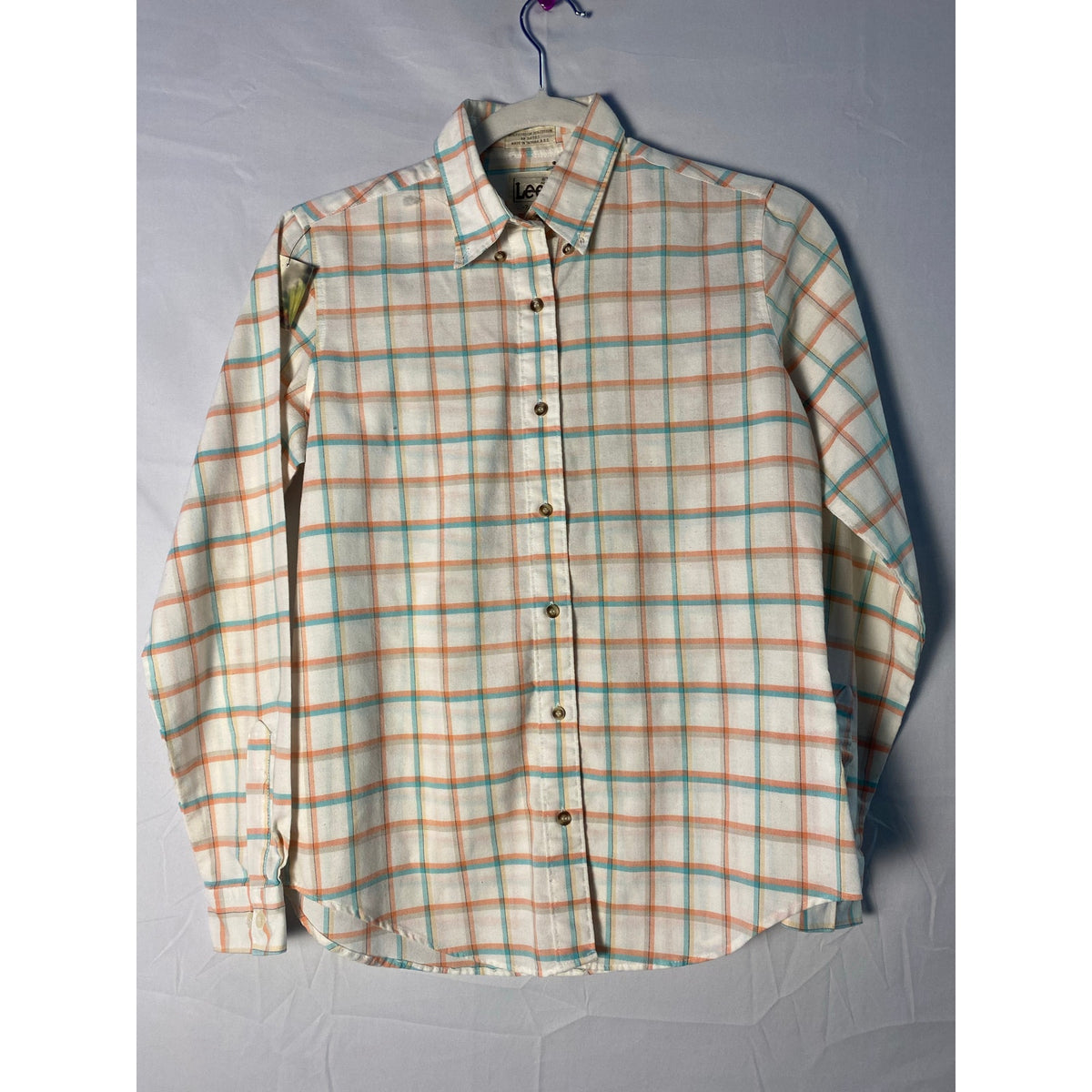 Vintage 70s-80s Lee Pastel Orange Teal Plaid Checked Flannel Button Down Medium Women's