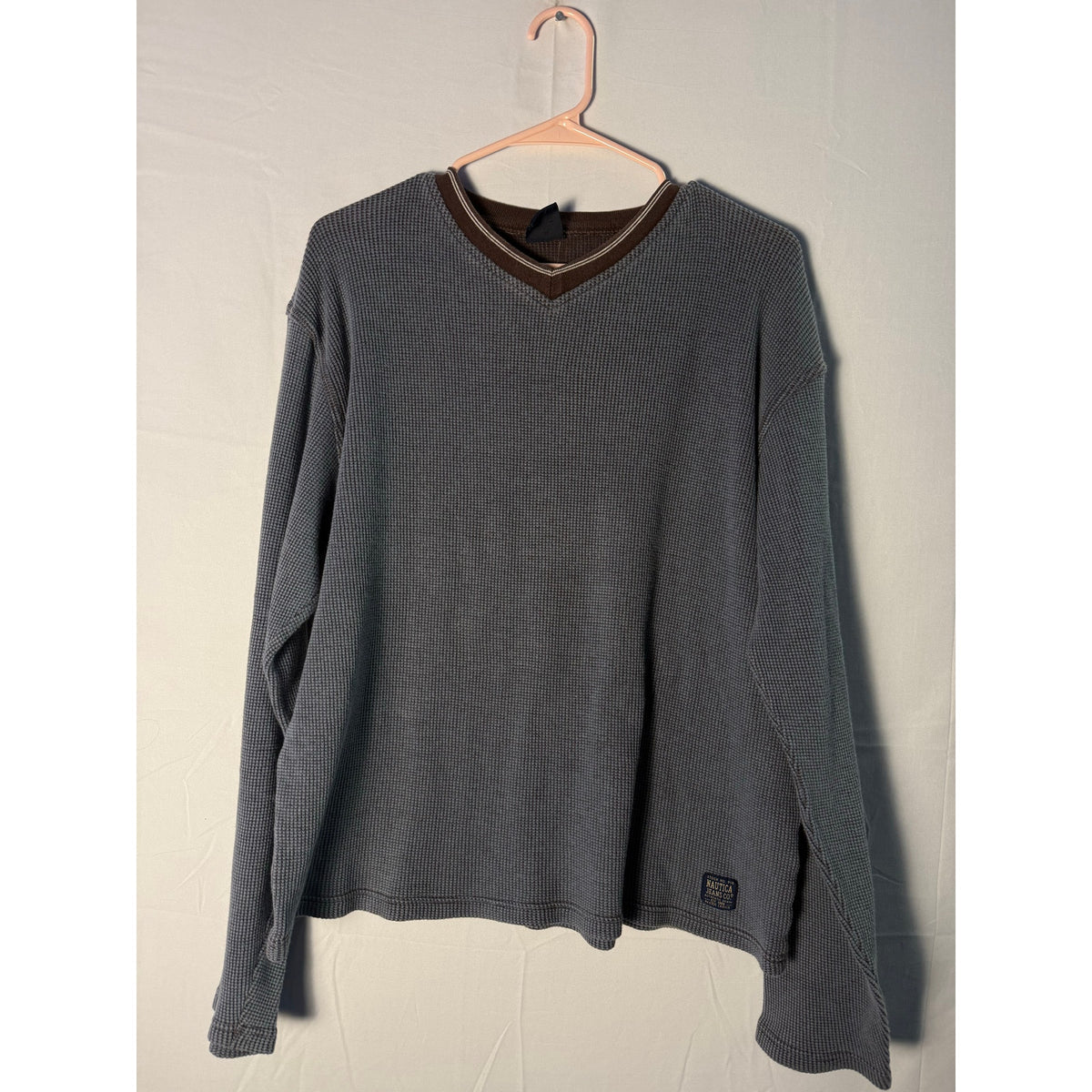 Nautical Dark Blue Thermal Knit V-neck Pullover Sweater Men's Size Large
