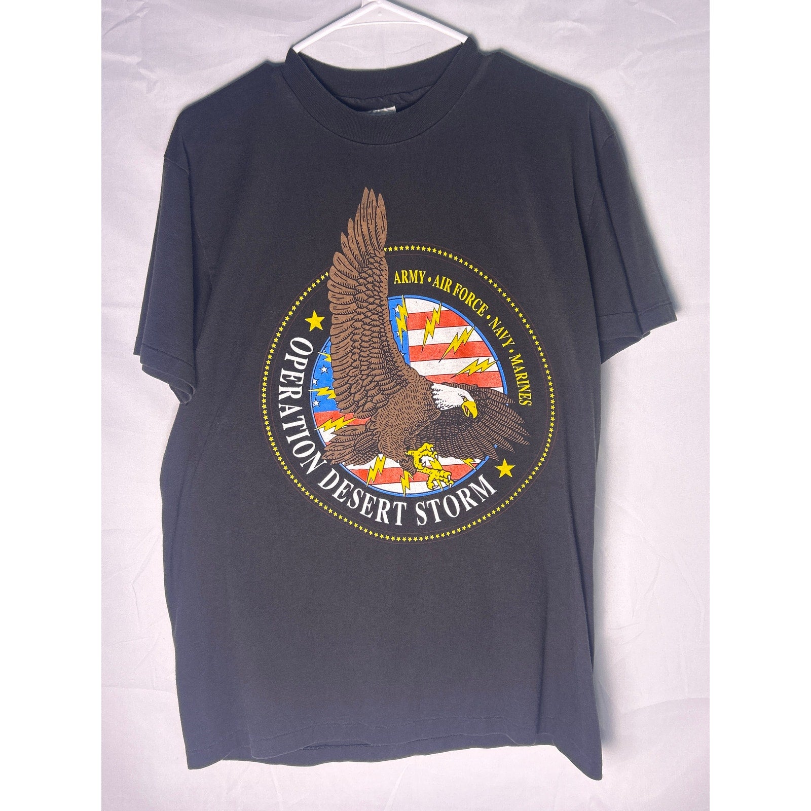Vintage 90s Hanes Operation Desert Storm Lightning Military Black T-Shirt Large
