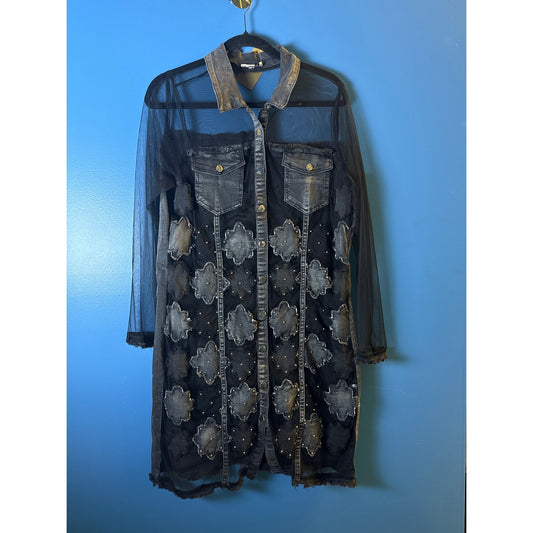 Adore Raw Hem Studs and Flowers Gray Denim Sheer Button Up Jacket Womens Large