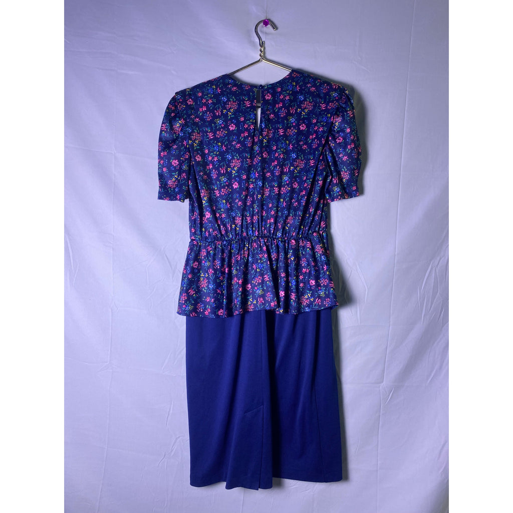 Vintage 80’s Jenny Navy Floral Short Puff Sleeve Peplum Midi Dress Women's 16W