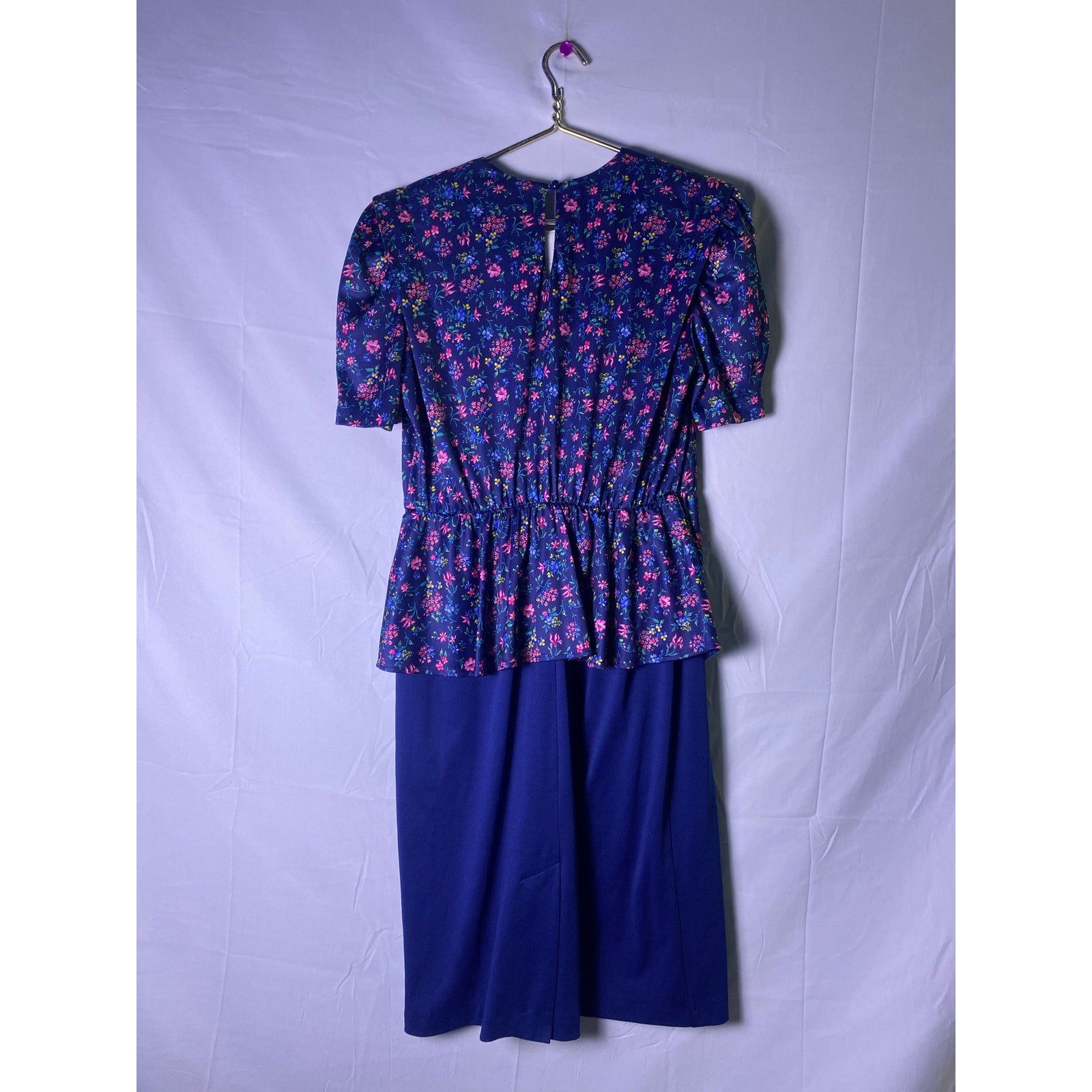 Vintage 80’s Jenny Navy Floral Short Puff Sleeve Peplum Midi Dress Women's 16W