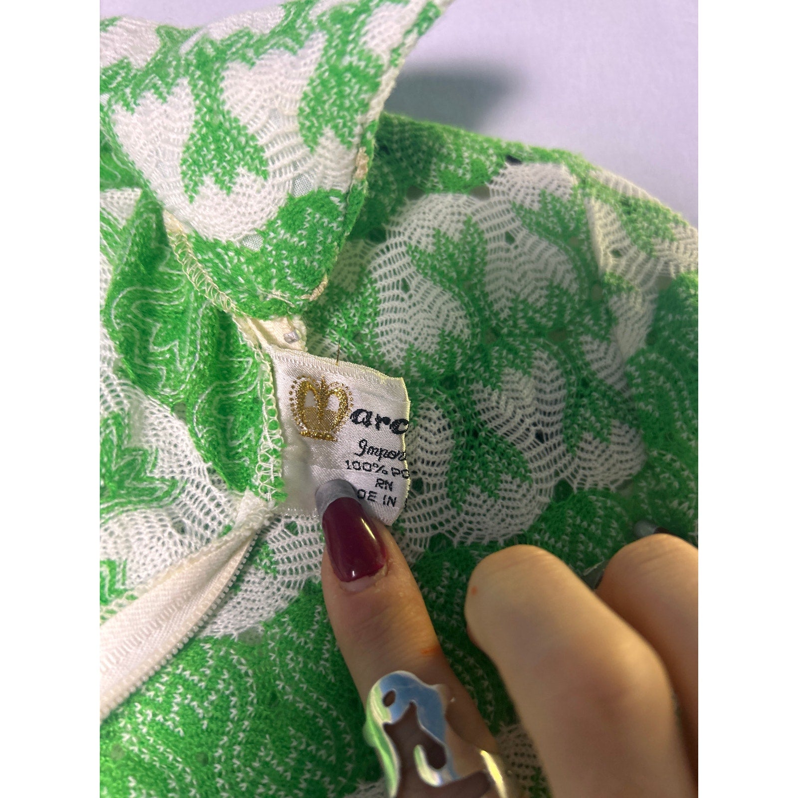 Vintage 60s/70s Arc Polo Green White Allover Print Half Zip Shirt Women's Size 8