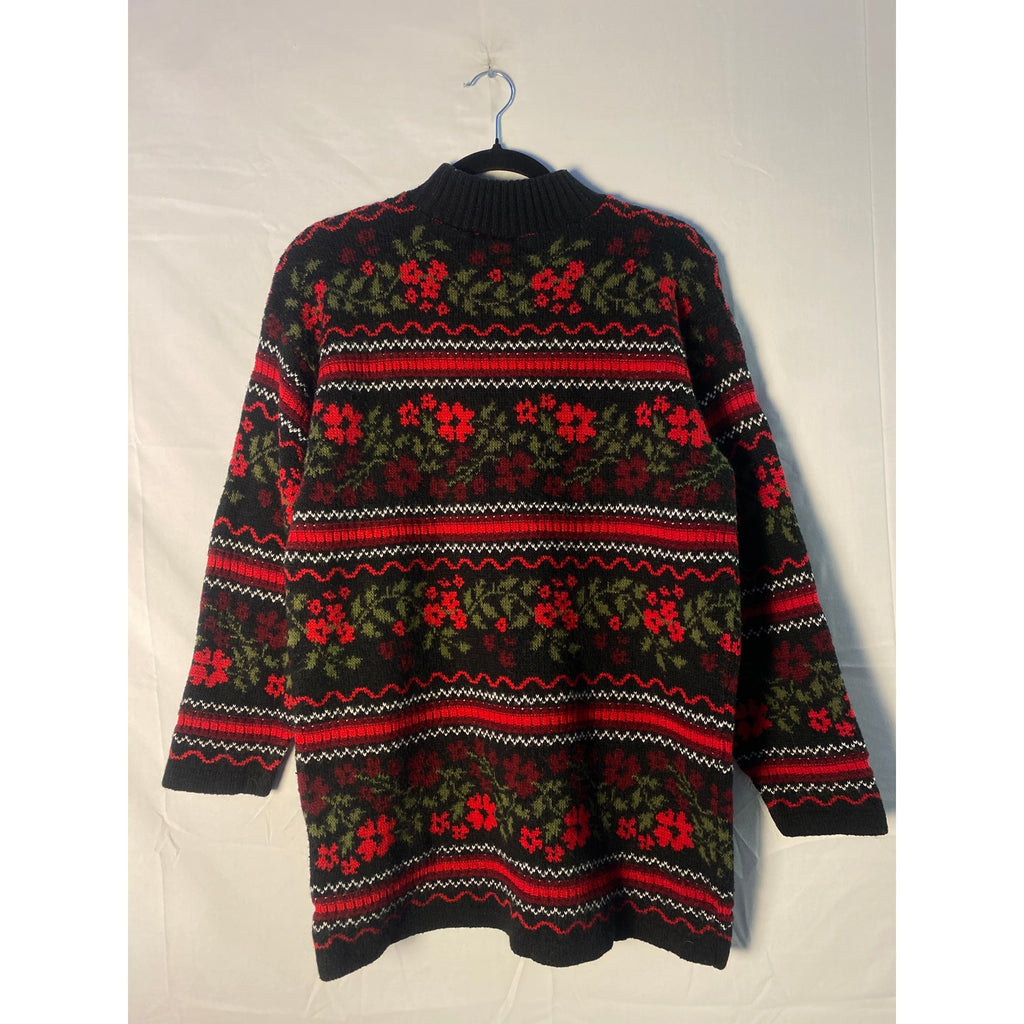 Vintage 90s BASIC EDITIONS Red Black Floral Mock Neck Chunky Knit Sweater Large