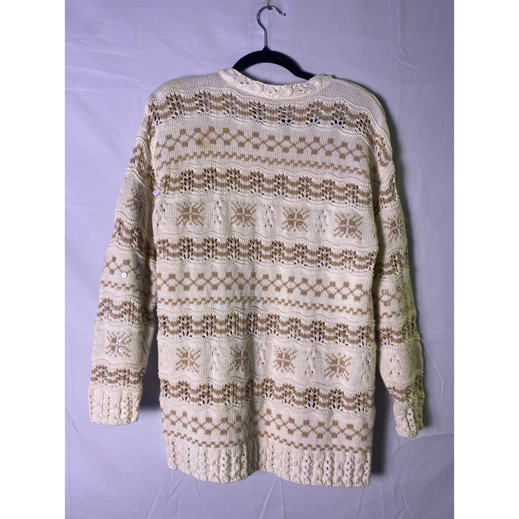 Vintage Liz Sport Cream Tan Snowflakes Knit Beaded Crewneck Sweater Medium