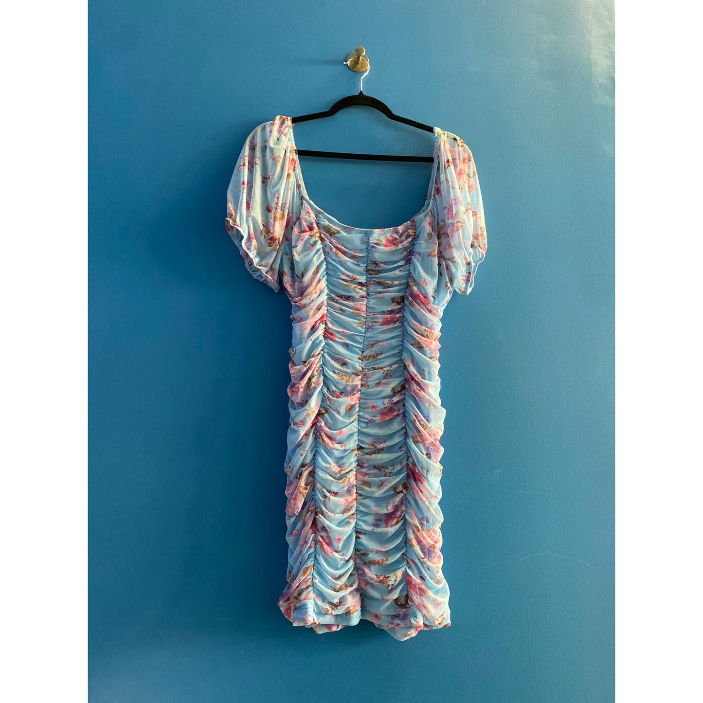 As U Wish Blue Floral Chiffon Off the Shoulder Ruched Dress Women's Plus Size 1X