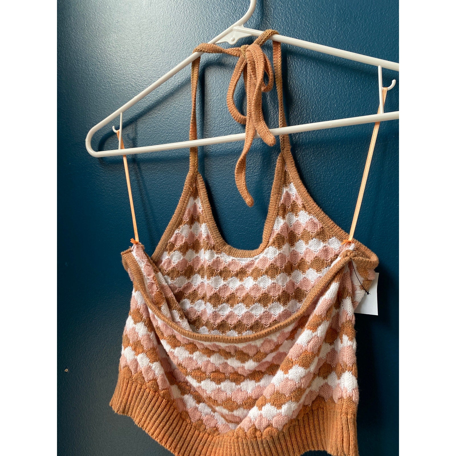 Altar'd State Pink Brown Knit Halter Crop Top Women's Size Small
