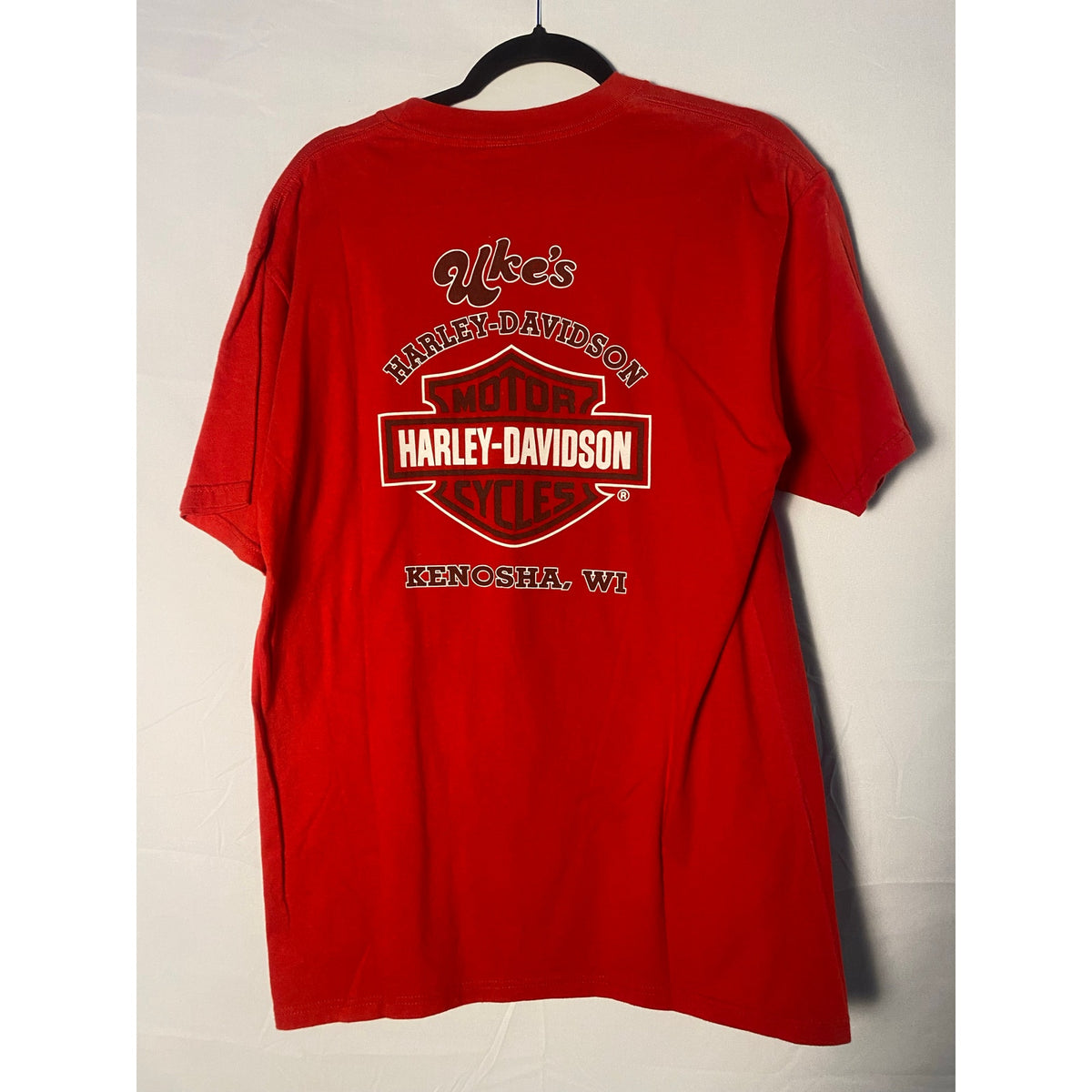 Harley Davidson 1903- 2003 Anniversary Uke's Kenosha, WI Red Graphic Shirt Large