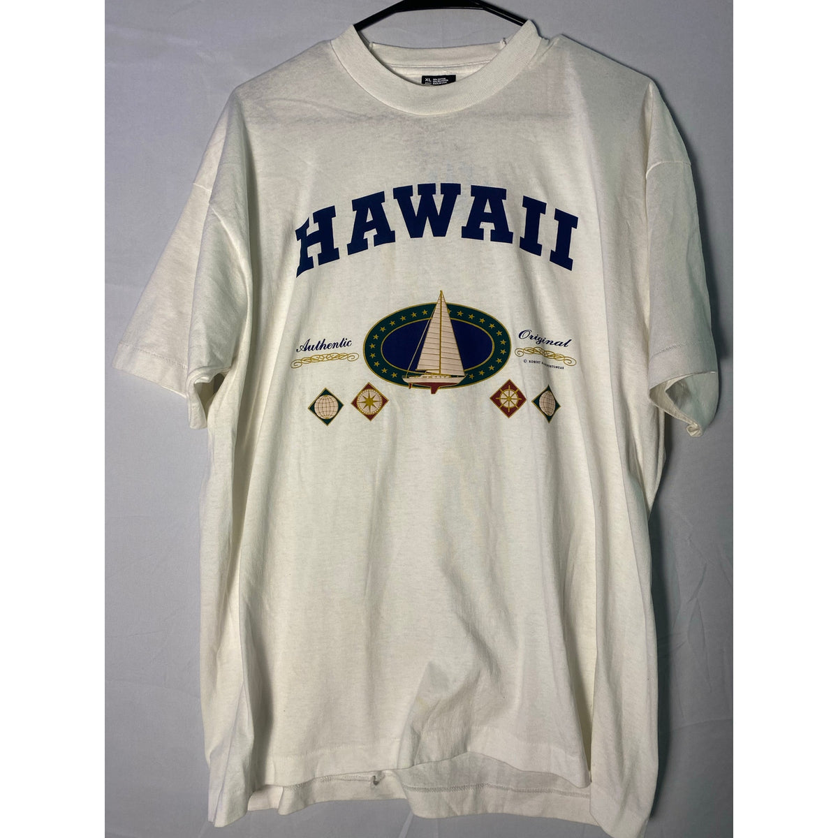 Hawaii Nautical Travel Tourist Vacation Graphic Print White Shirt Men's Size XL