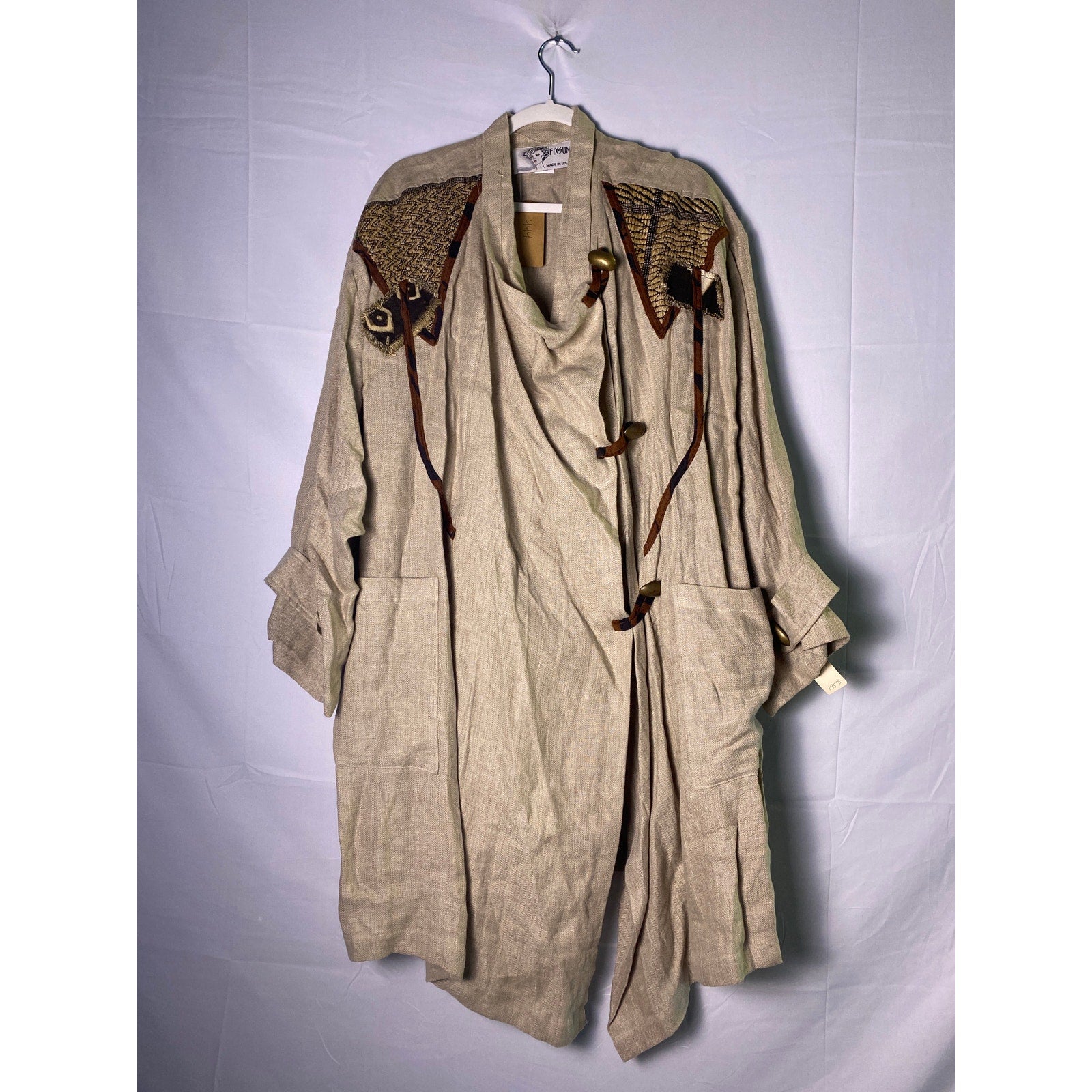 Vintage 80's Fixsun Brown Linen Lagenlook Drape Jacket Women's One Size