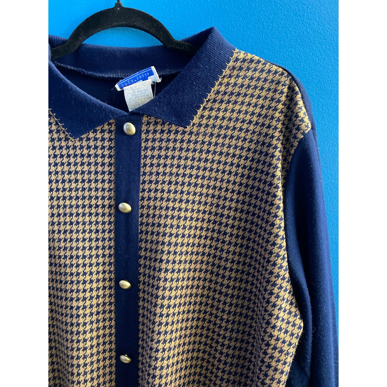 Vintage Cape Cod Navy Retro Houndstooth Preppy Button Up Sweater Size Medium