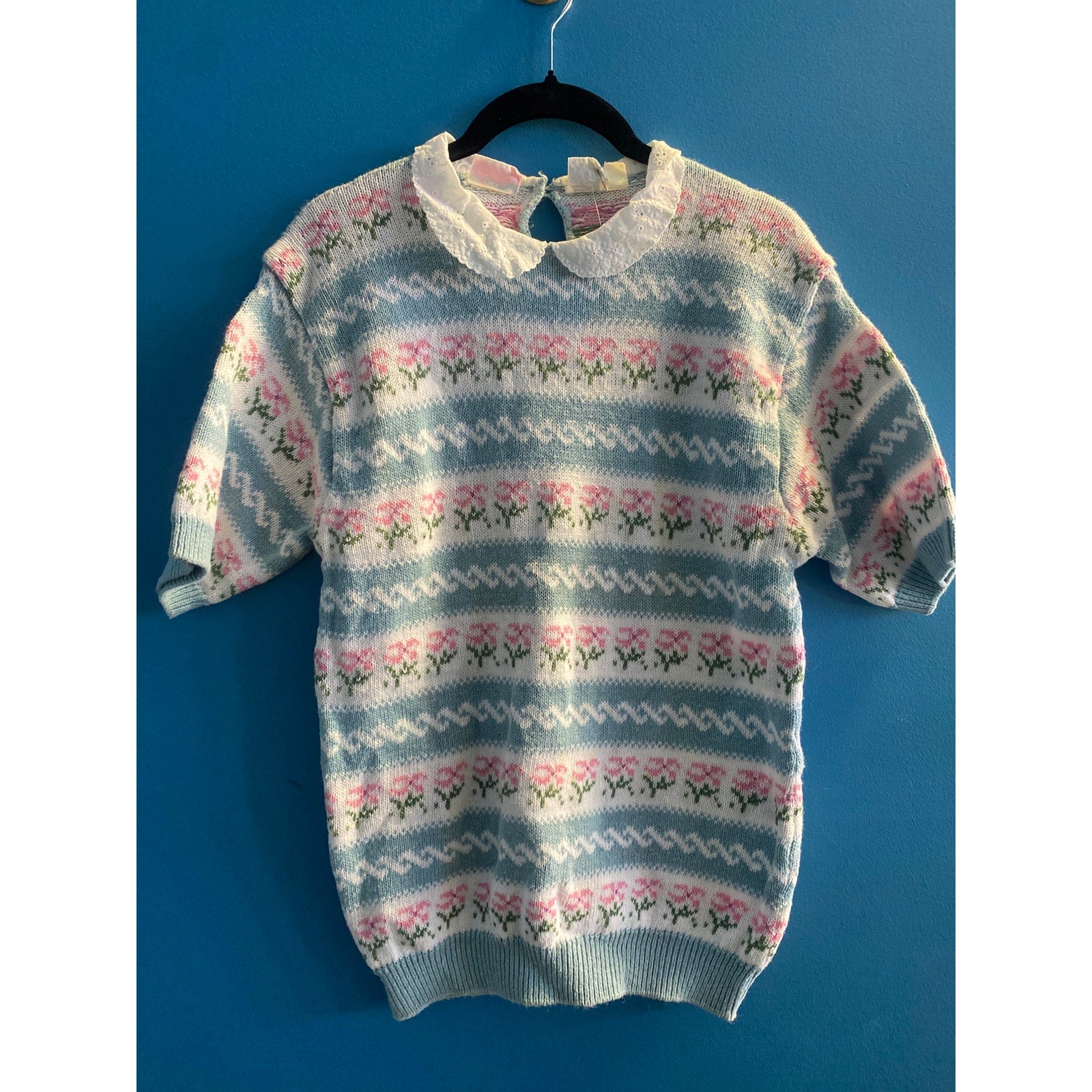 Vintage Lace Collar Floral Knit Short Sleeve Pullover Sweater Womens Size Medium