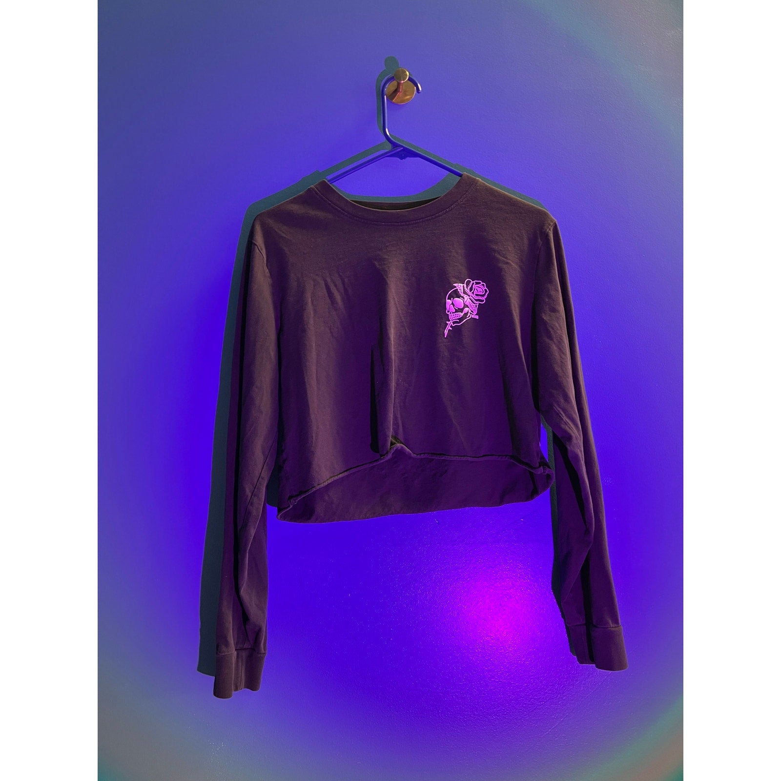 Vans Off The Wall Skull Flower Print Black Long Sleeve Black Crop Top Women's M