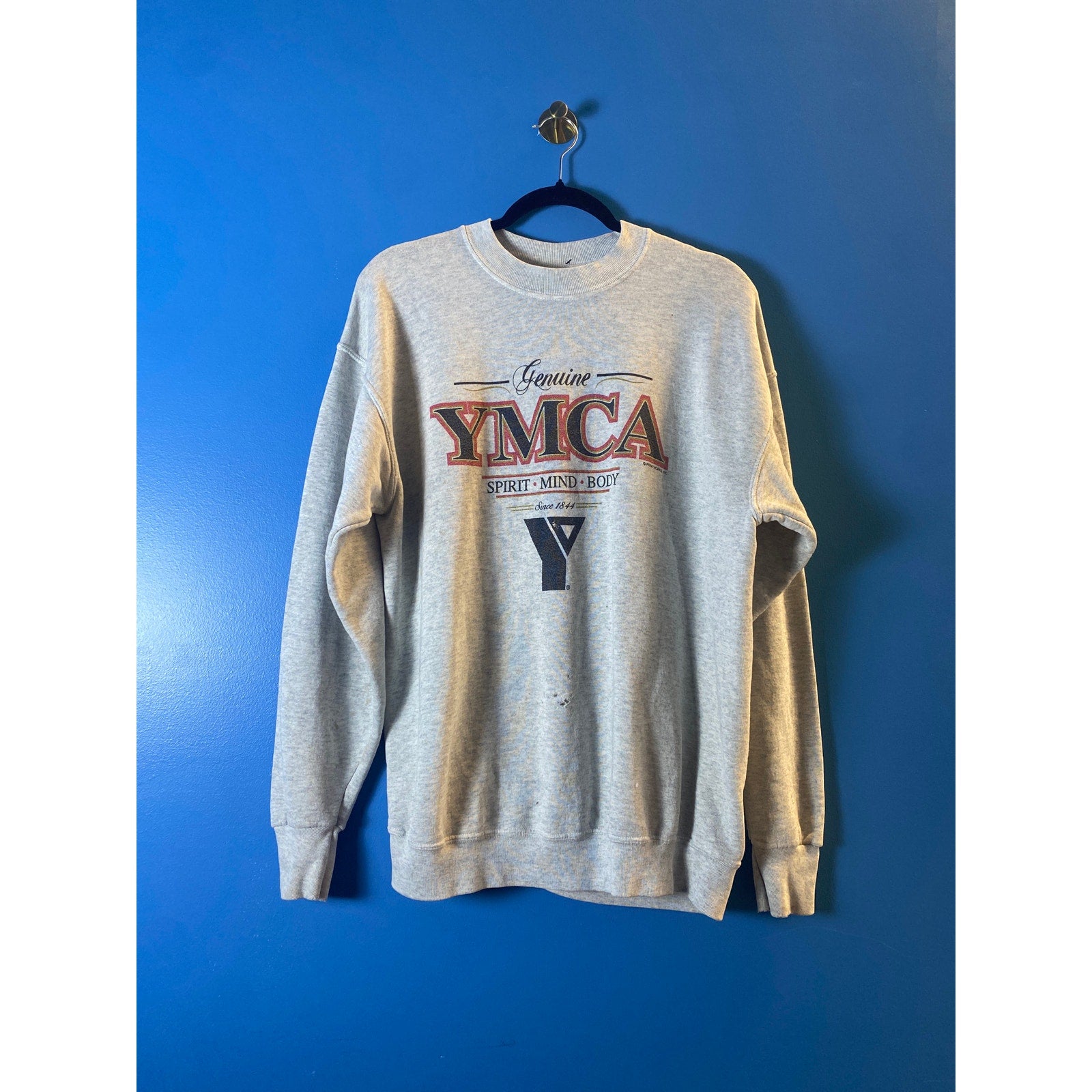 Vintage 90s Fruit of the Loom YMCA Print Gray Crew Neck Pullover Sweatshirt