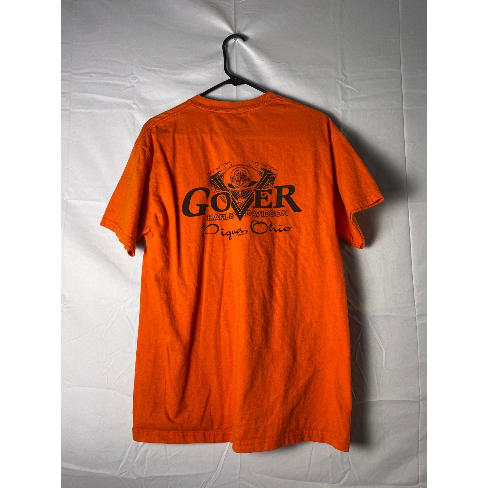 Harley Davidson Motorcycles GOVER Piqua, Ohio Print Orange Shirt Men's Large