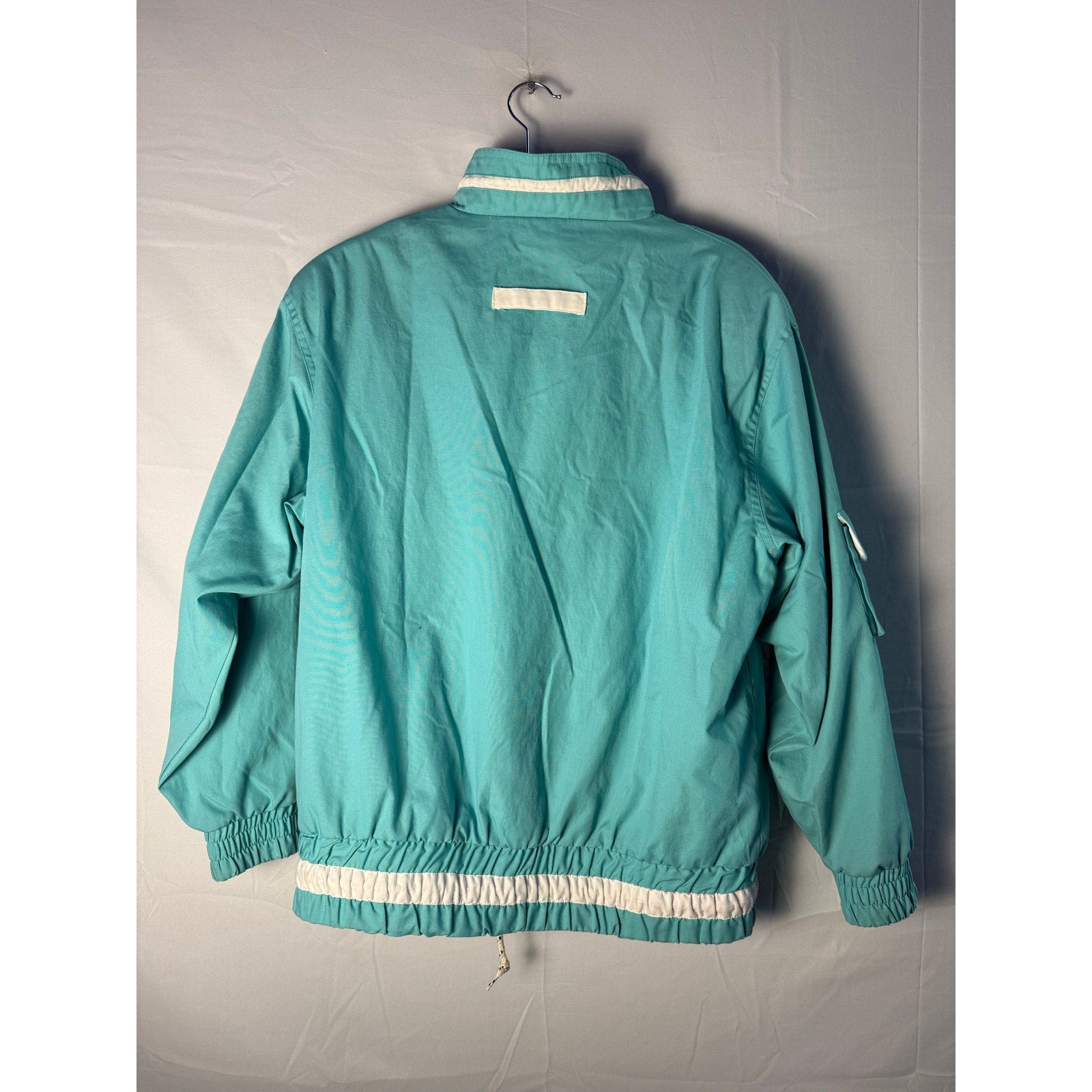 Vintage PA Teal White Windbreaker Jacket Drawstring Mock Neck Full Zip Medium