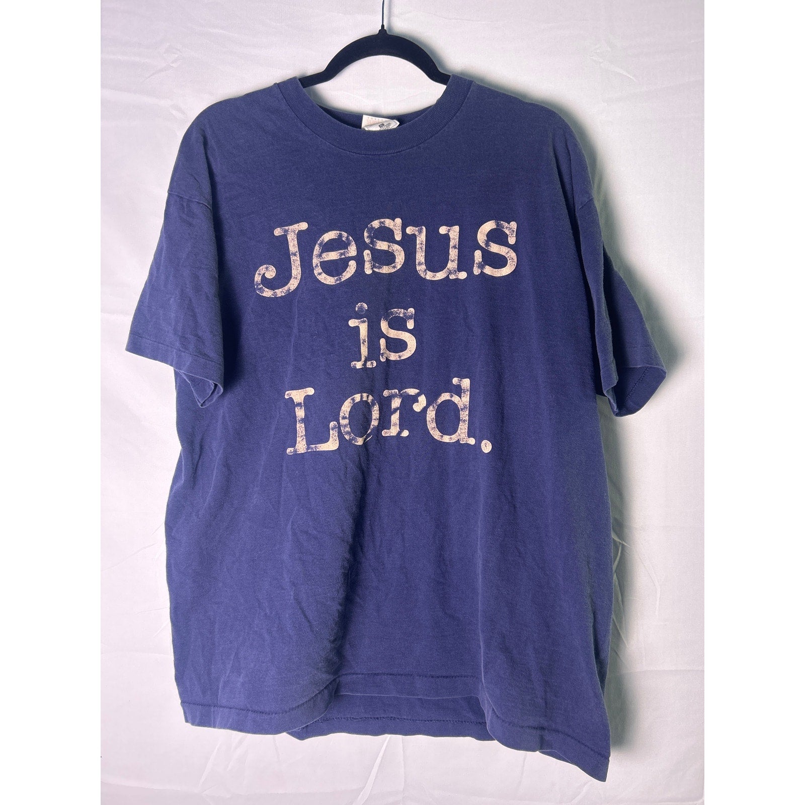Fruit of the Loom Jesus is Lord. Print Blue Crewneck Short Sleeve Shirt Men's XL
