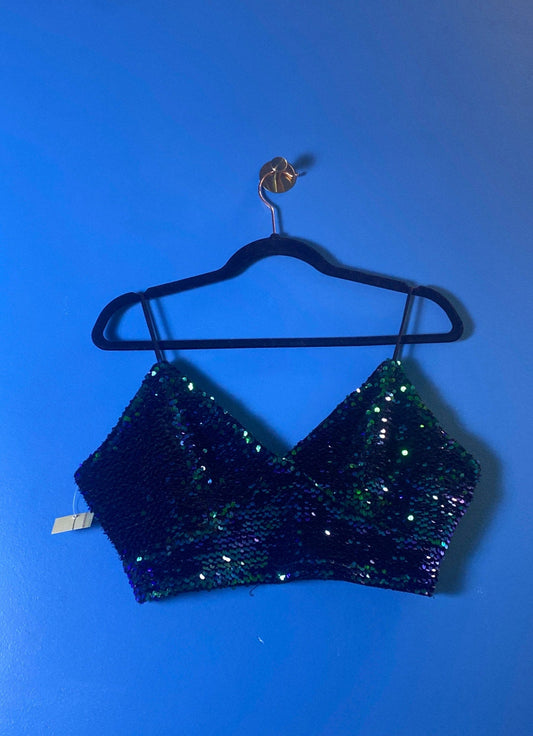 Blue and Green Velvet Sequins Crop Cami Top V-neck Back Zip Women's Size Large