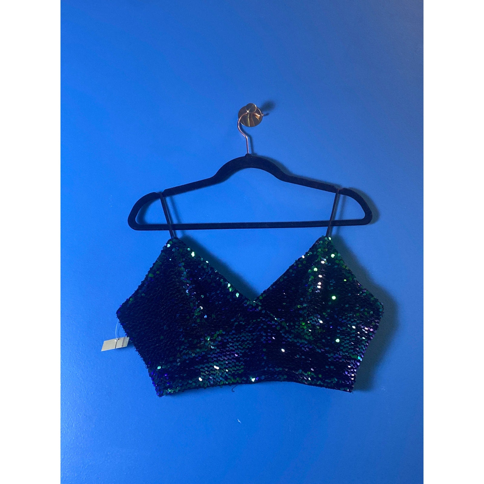 Blue and Green Velvet Sequins Crop Cami Top V-neck Back Zip Women's Size Large