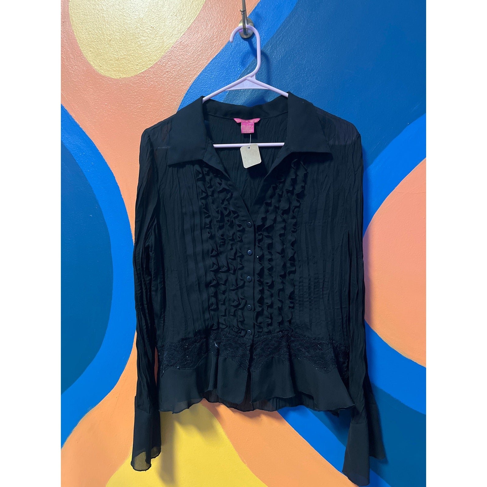 Sunny Leigh Black Ruffled Lace Button Up Long Sleeve Blouse Women's Size Large