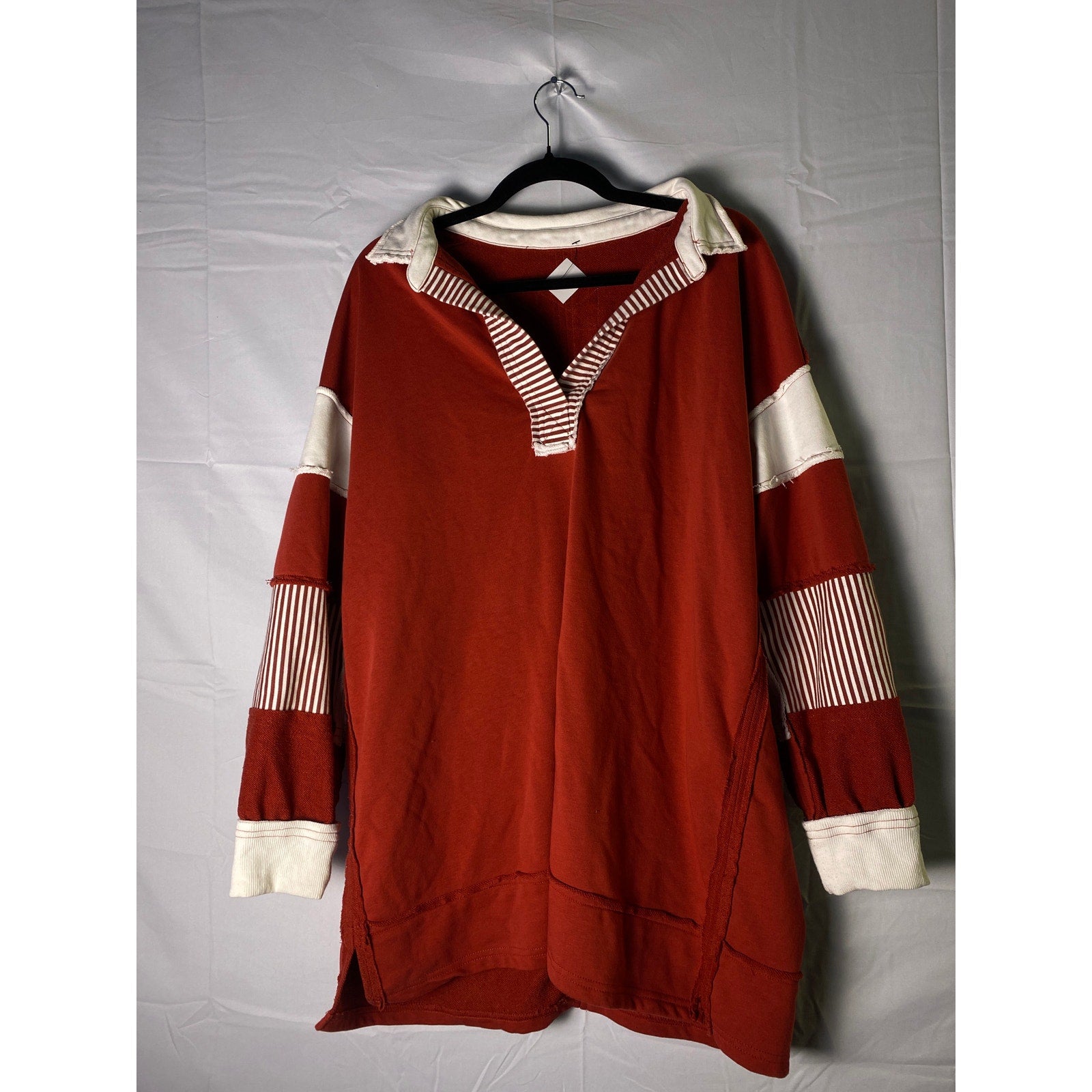 Red White Oversized Casual Long Sleeve Striped Loose Pullover Sweatshirt Size XL