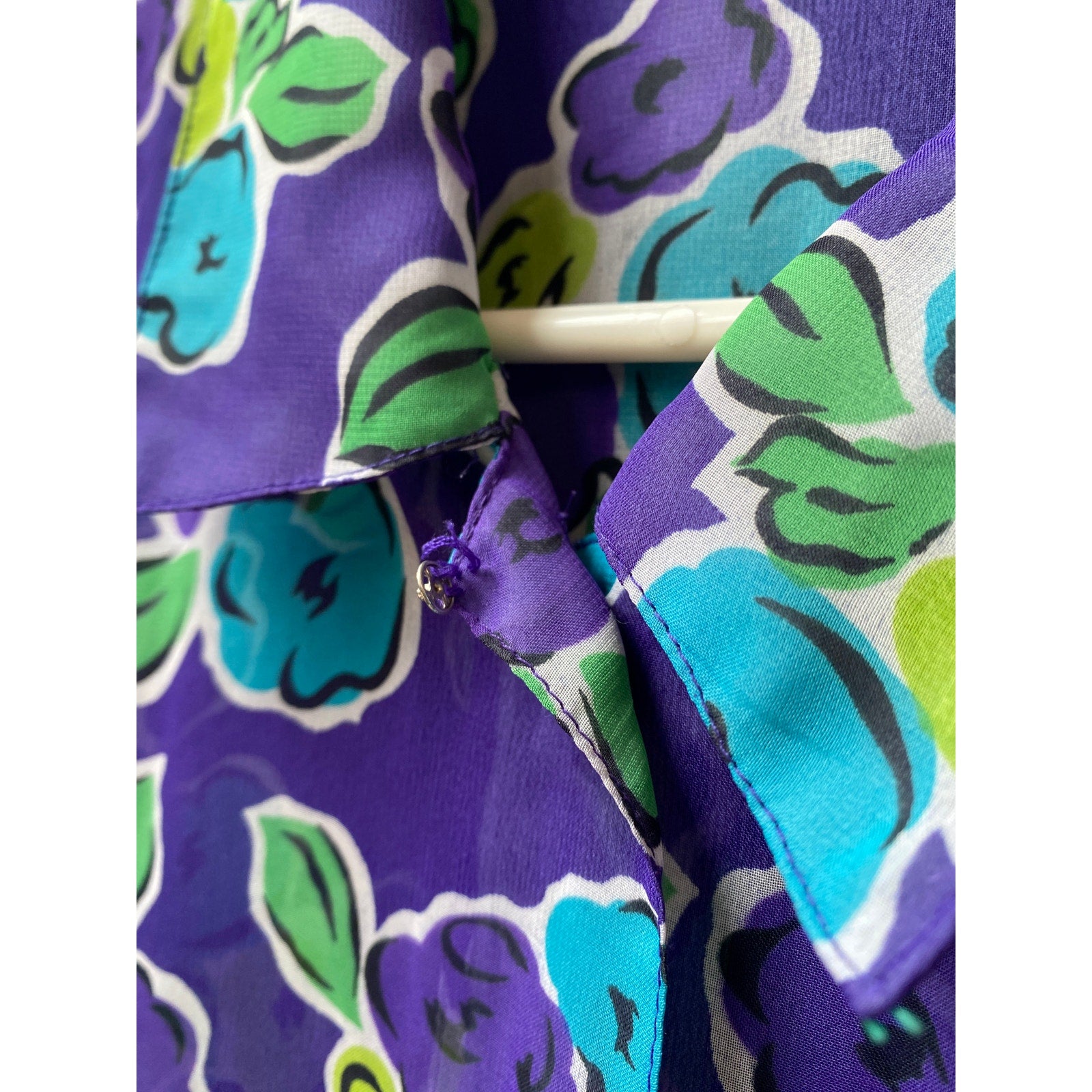 Vintage 80s Chaus Blue Purple Green Floral Chiffon Button Up Blouse Plus 18W