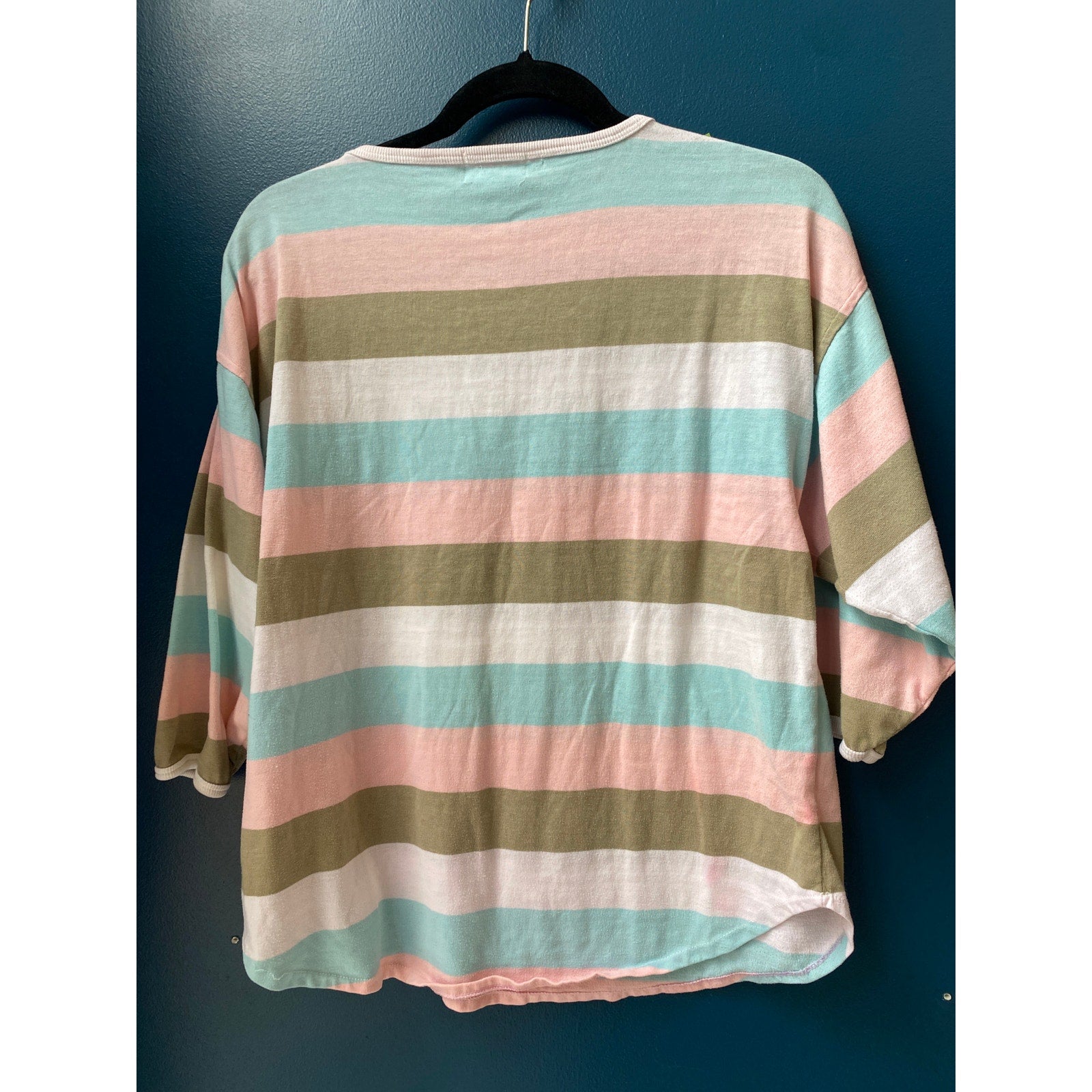Vintage 80s 62 East Pastel Striped Dolman Henley Top Long Sleeve Women's Medium