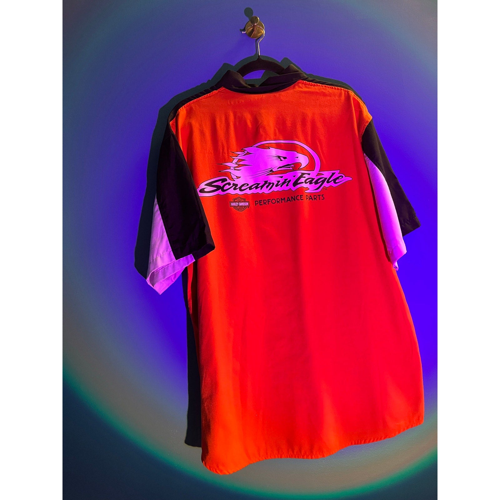 Harley Davidson Screamin Eagle Button Up Shirt Black Orange Shirt Men's Size XL