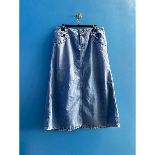 Y2K Cato Blue Denim A-line Midi Skirt Back Slit Women's Size 14 Waist: 36"