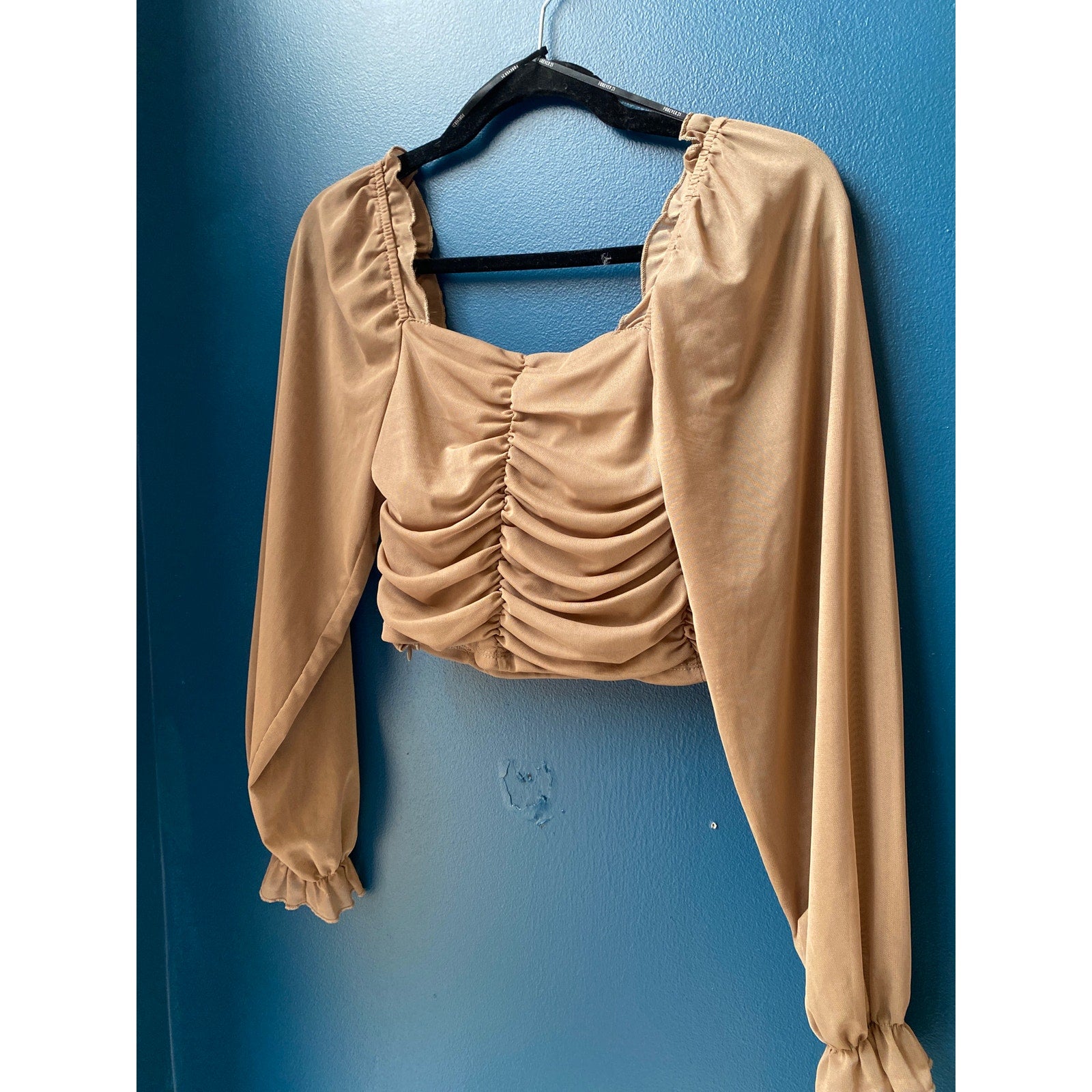 Forever 21 Light Brown Mesh Ruched Sweetheart Crop Top Long Sleeve Medium