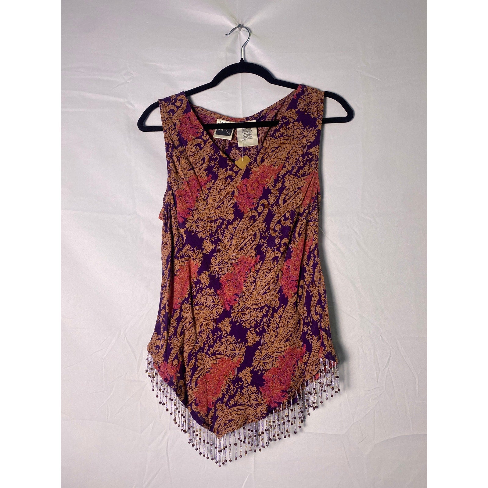 Vintage Phool Purple Tan Paisley Bead Hem Tank Top Women's Size M/L (Marked XL)