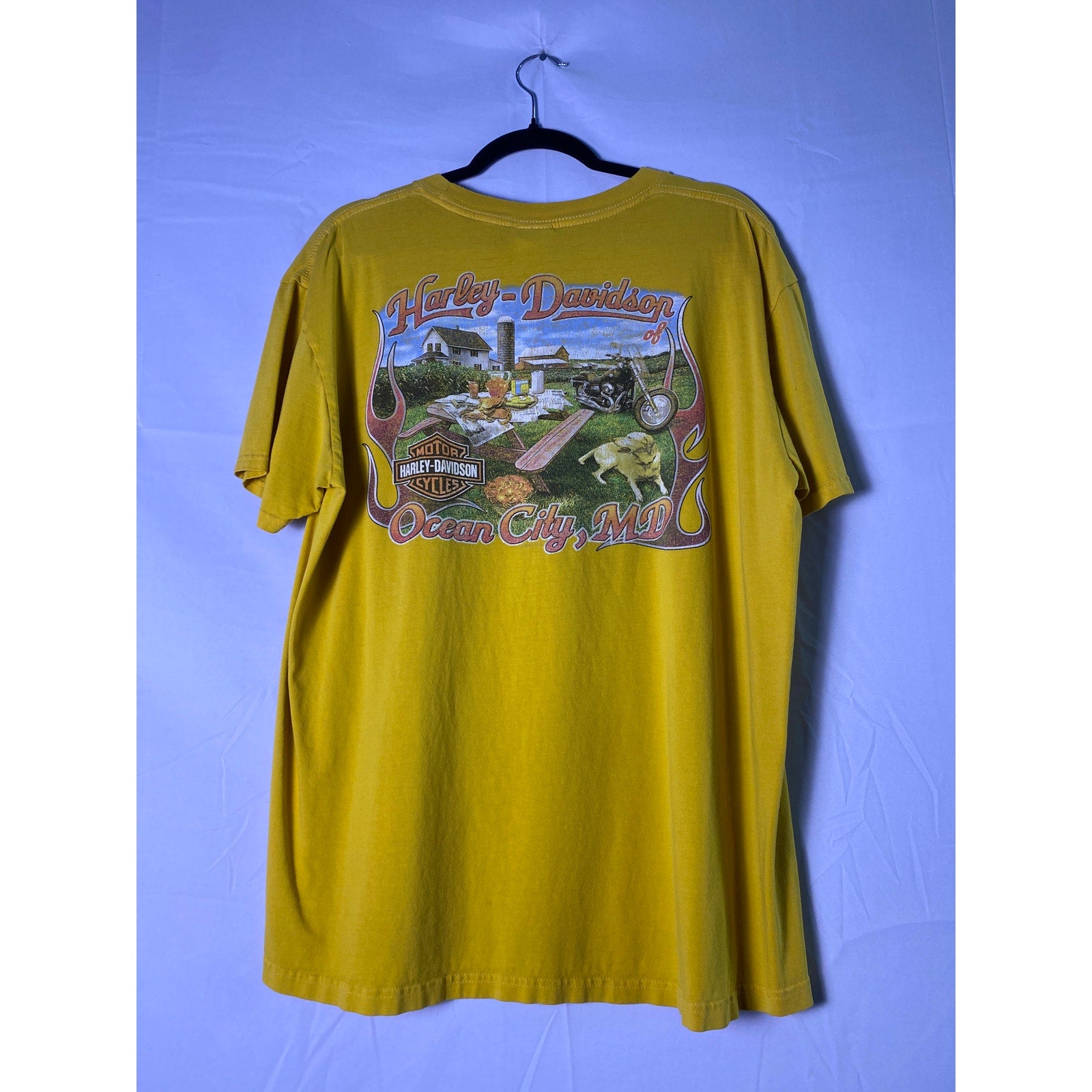 Y2K Harley Davidson Ocean City, Maryland Picnic Yellow T-shirt Men's Size XL