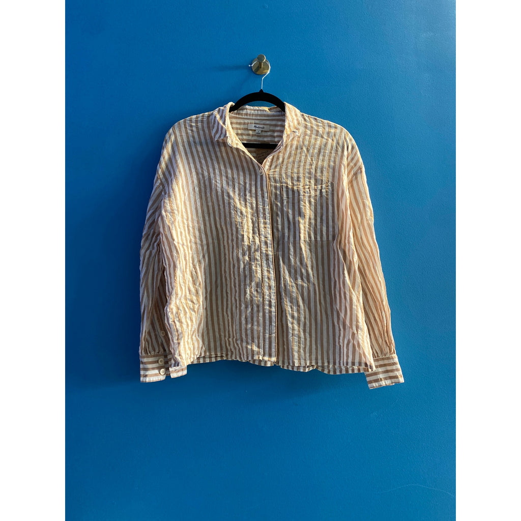 Madewell White Tan Stripe Button Up Shirt Long Sleeve Women's Size Small