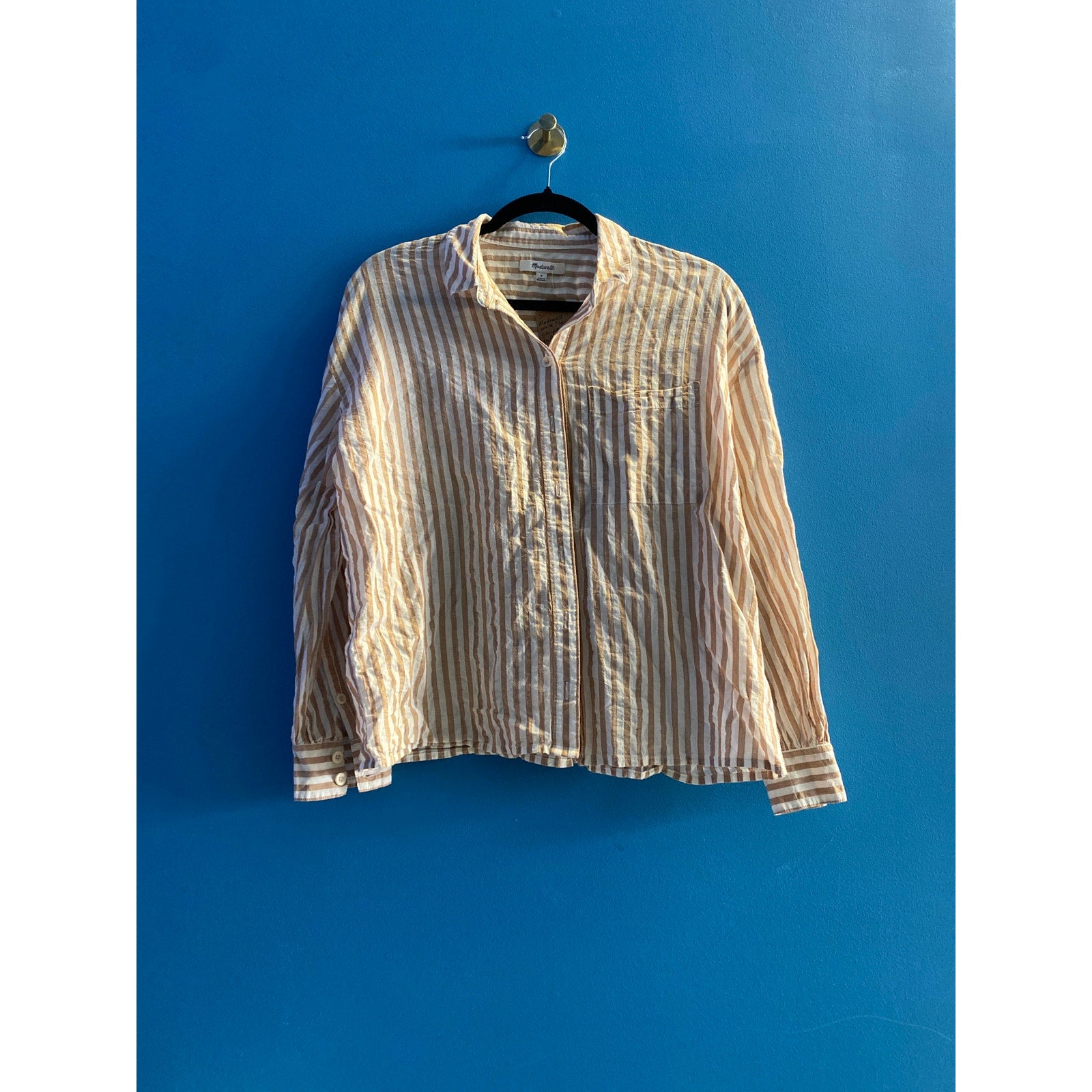 Madewell White Tan Stripe Button Up Shirt Long Sleeve Women's Size Small