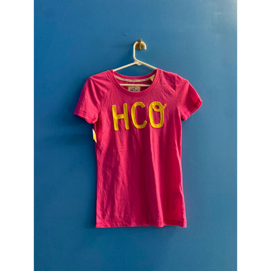 Y2K Hollister HCO Embroidered Hot Pink + Yellow Fitted T-Shirt Womens Medium NWT