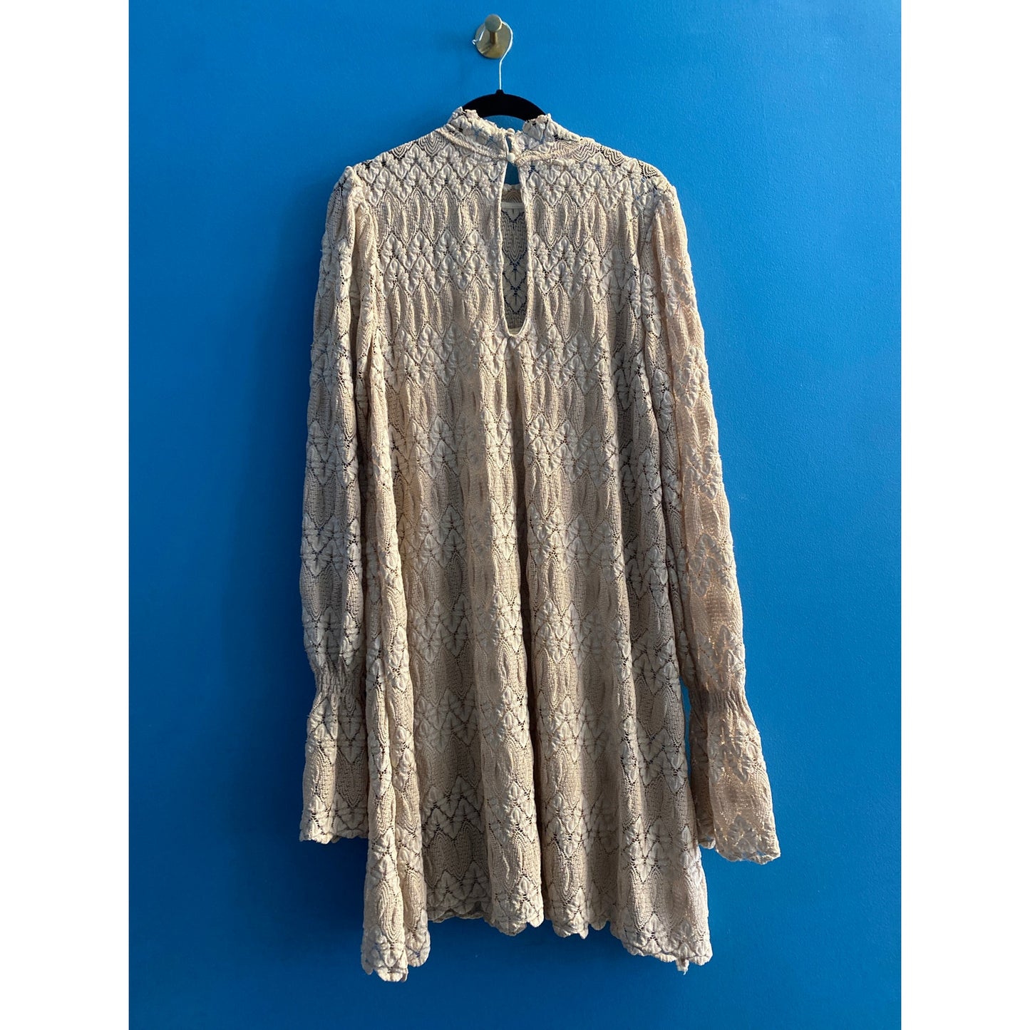 Free People Simone Sheer Nude Lace Dress Bell Sleeve Boho Knit Sheath Dress M
