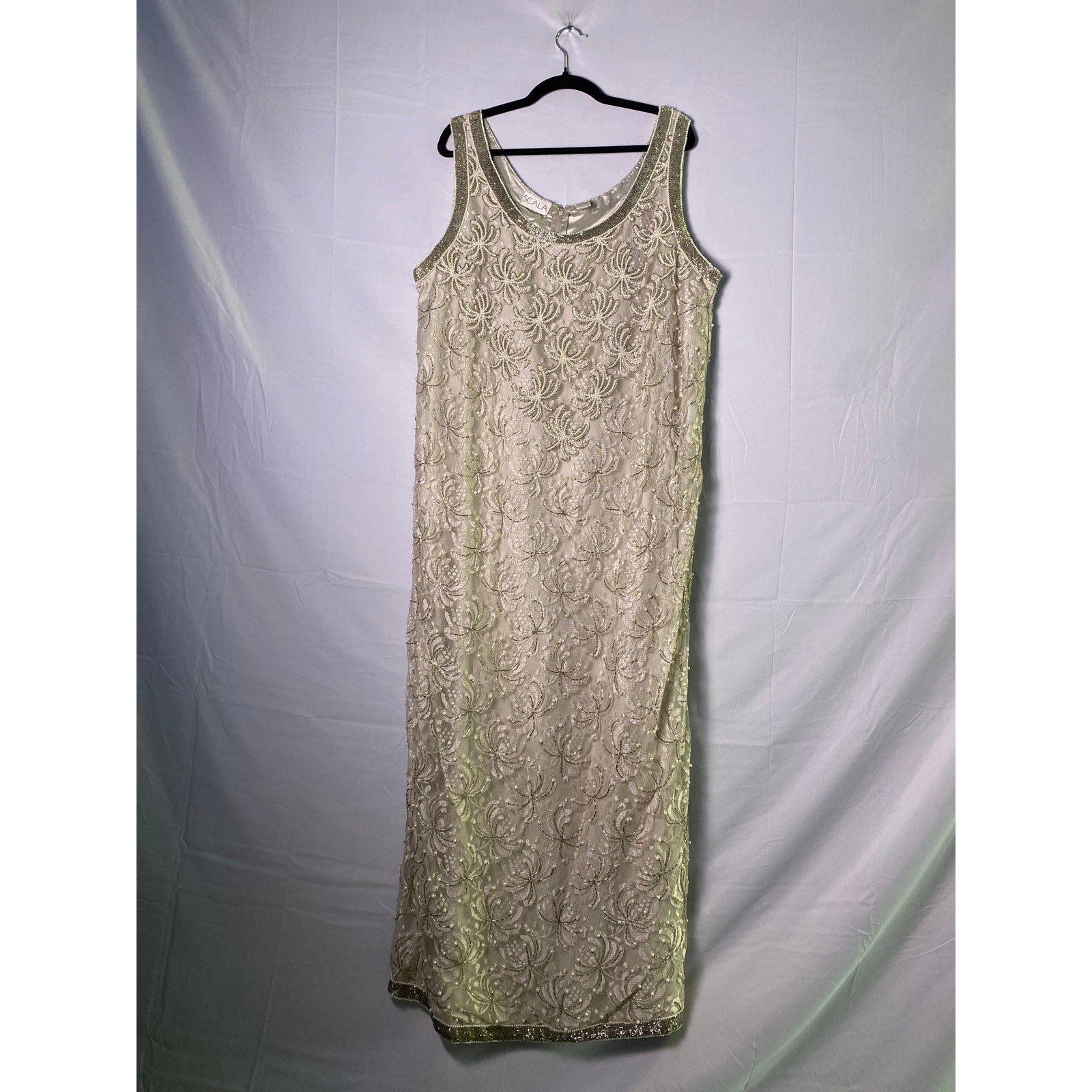 Vintage Scala Sheer Beaded Champagne Midi Sleeveless Dress Women's Plus Size 1X