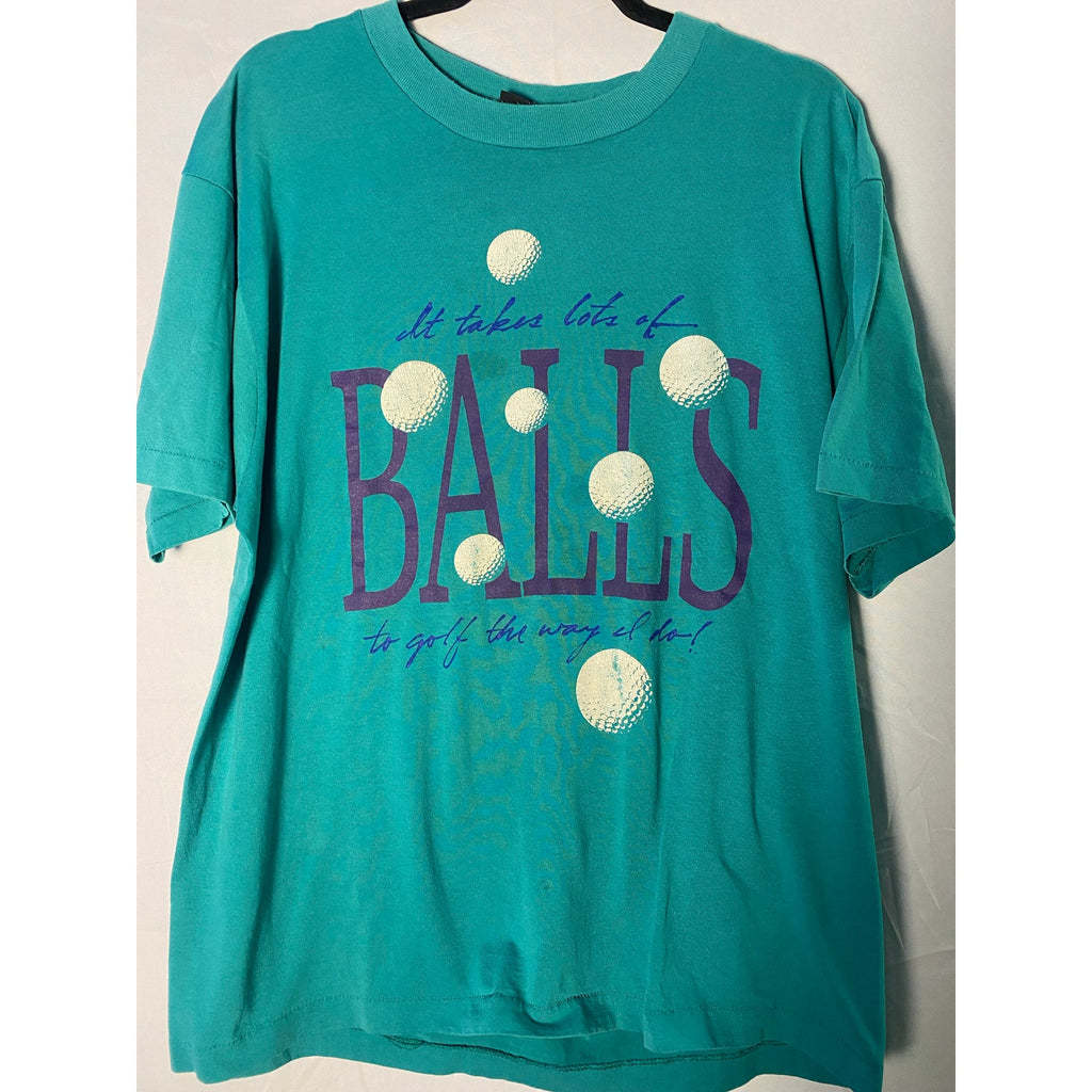 Screen Stars Best It takes lots of BALLS to golf the way I do! Teal Shirt Men XL