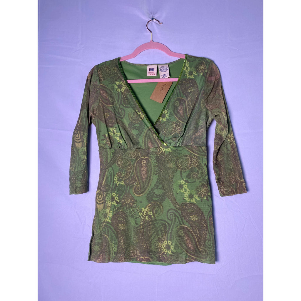 Y2K Faded Glory Green Mesh Paisley Top with Sequins 3/4 Sleeve Women's Small