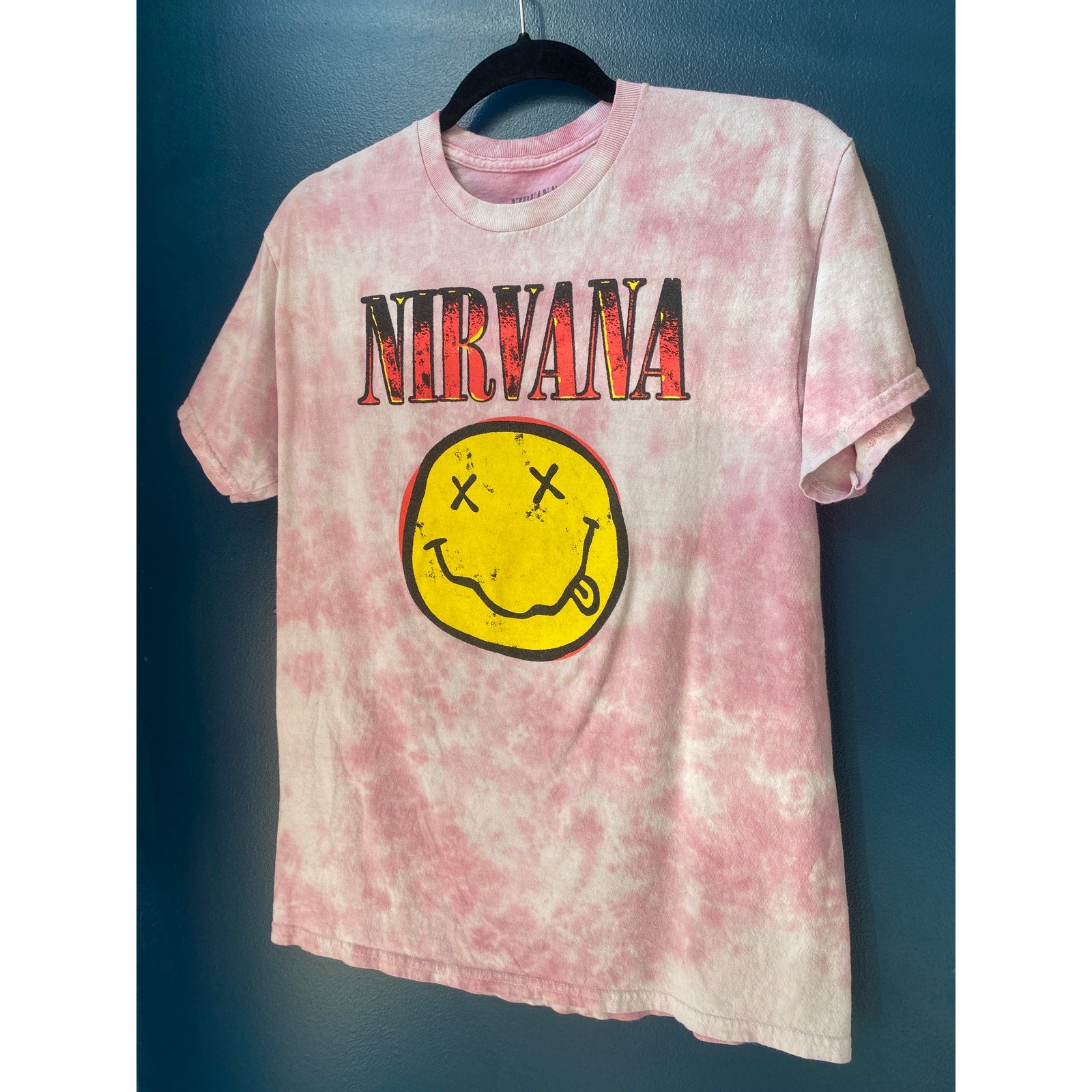 Nirvana Smiley Graphic Pink Tie Dye Women Short Sleeve Shirt Womens Size Medium